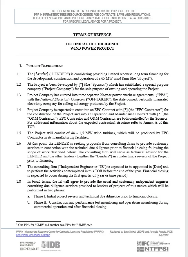 Terms of Reference - Technical Due Diligence Wind Project
