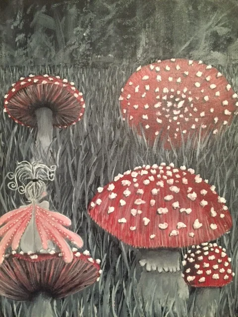 Fae Fly O'er Agaric, Acrylic on Canvas, 12"x16"