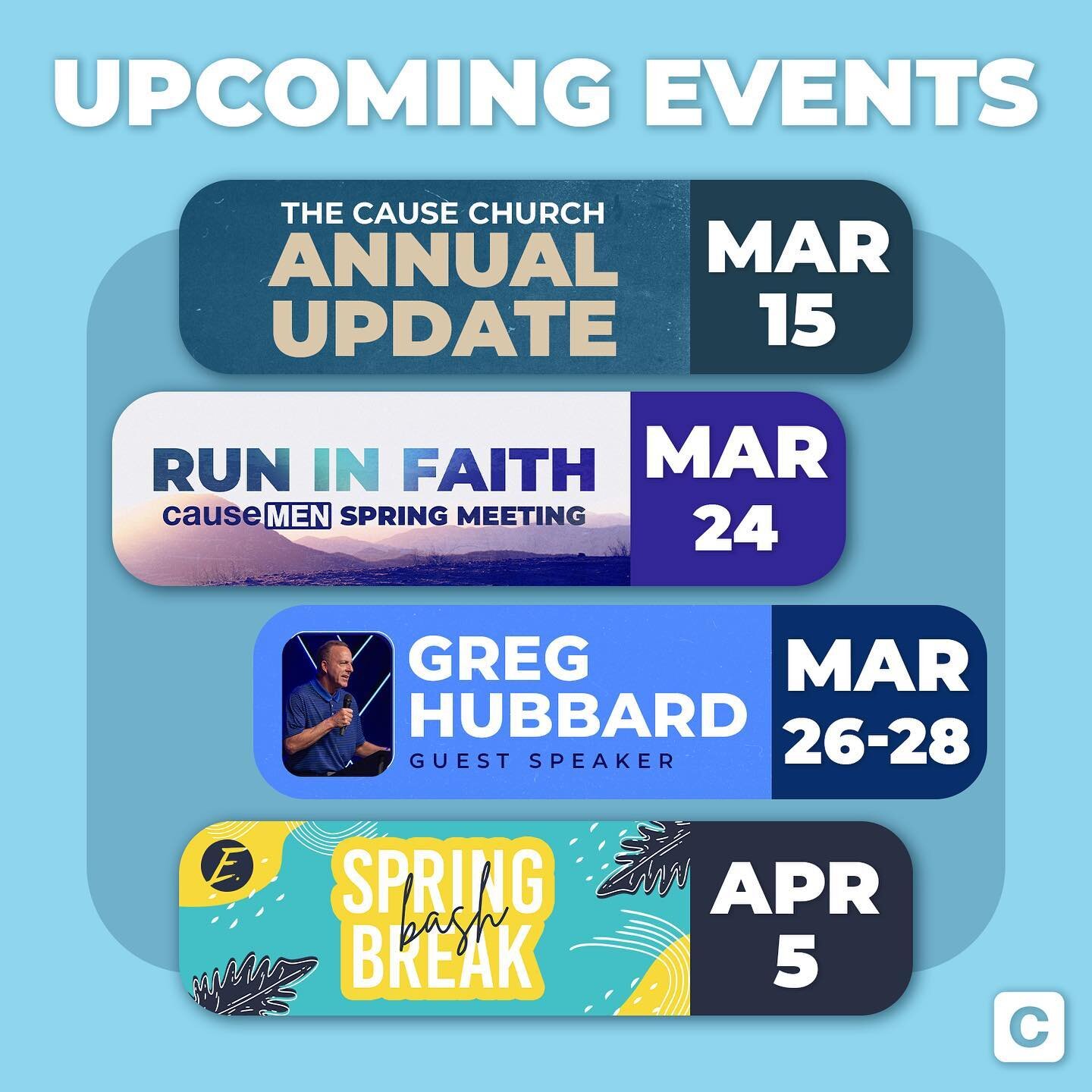 We have a ton of events happening this spring and it all starts next Wednesday with our Annual Update! Make sure you keep up with all of our upcoming events at thecausechurch.org/events