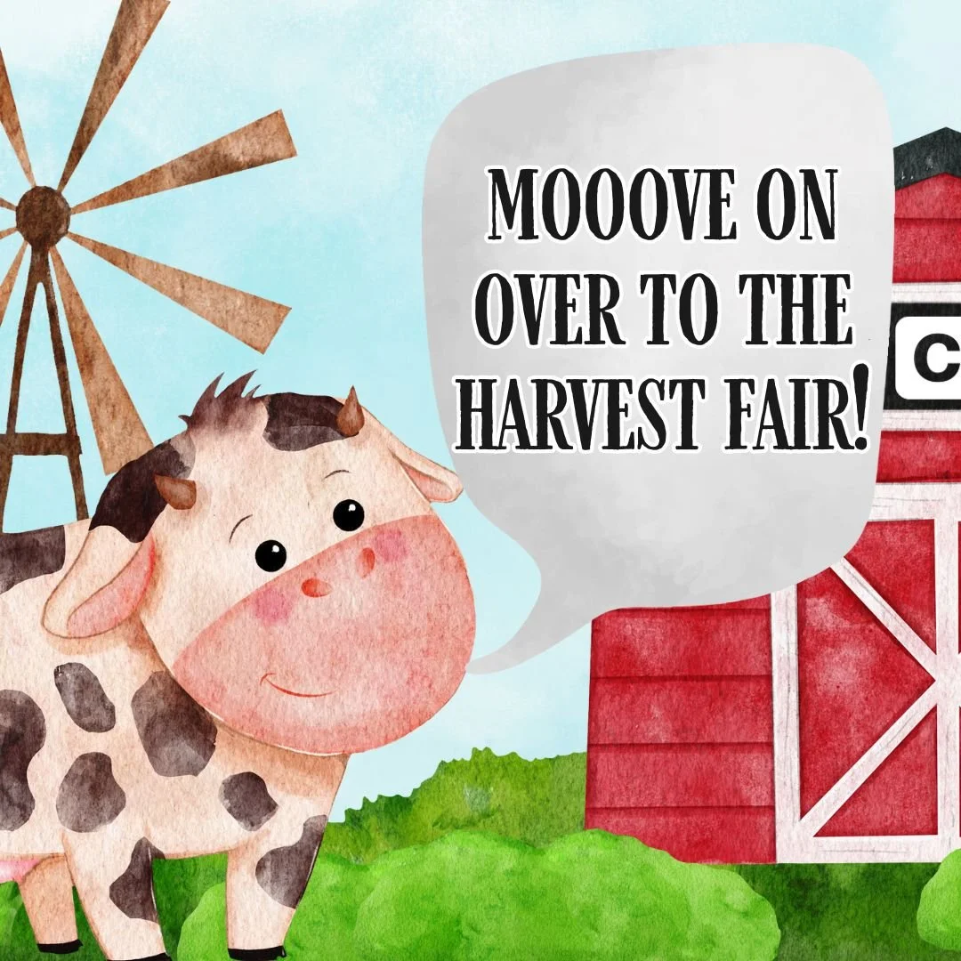 🐮MOO-ve on over&hellip; the Harvest Fair is TODAY! 🎉
We&rsquo;re udderly excited for a day full of:
🍔 Food &amp; treats
🎈 Moon bounces
🐴 Pony rides &amp; petting zoo
🎯 Games &amp; crafts
🔥 Chili &amp; soup cook-off
🍬 Candy &amp; fun for all a