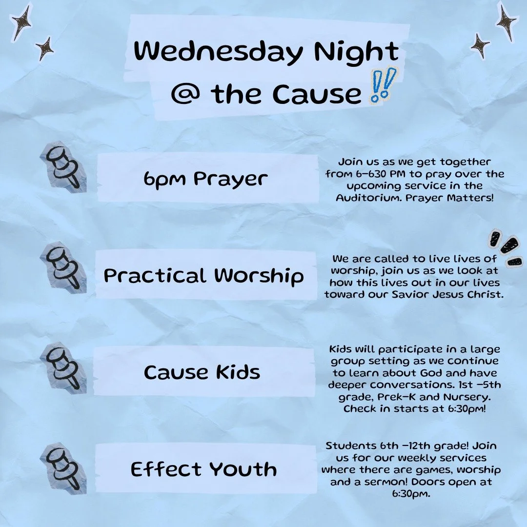 We have a brand new class launching tonight exploring the significance of Worship in the daily life of the believer 🙏

Come on out to the Cause for a fun and impactful night of pursuing the Lord as a church family together!