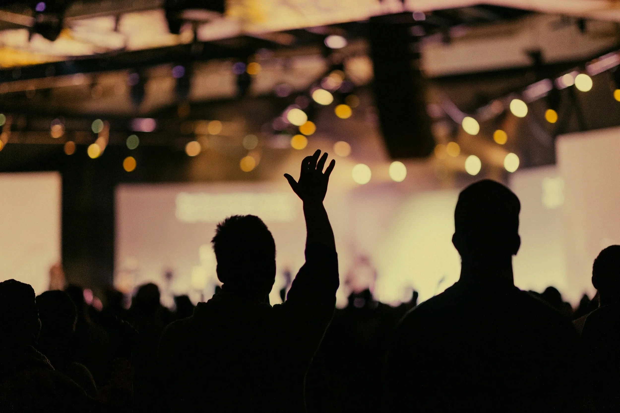Silhouettes of people in a dark concert hall with one person raising their hand, stage with colorful lights and screens in the background.