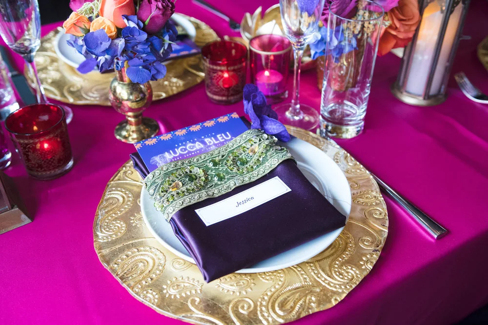 Moroccan+Inspired+Baby+Shower+Party+custom+linens+looked+beautiful+on+gold+chargers