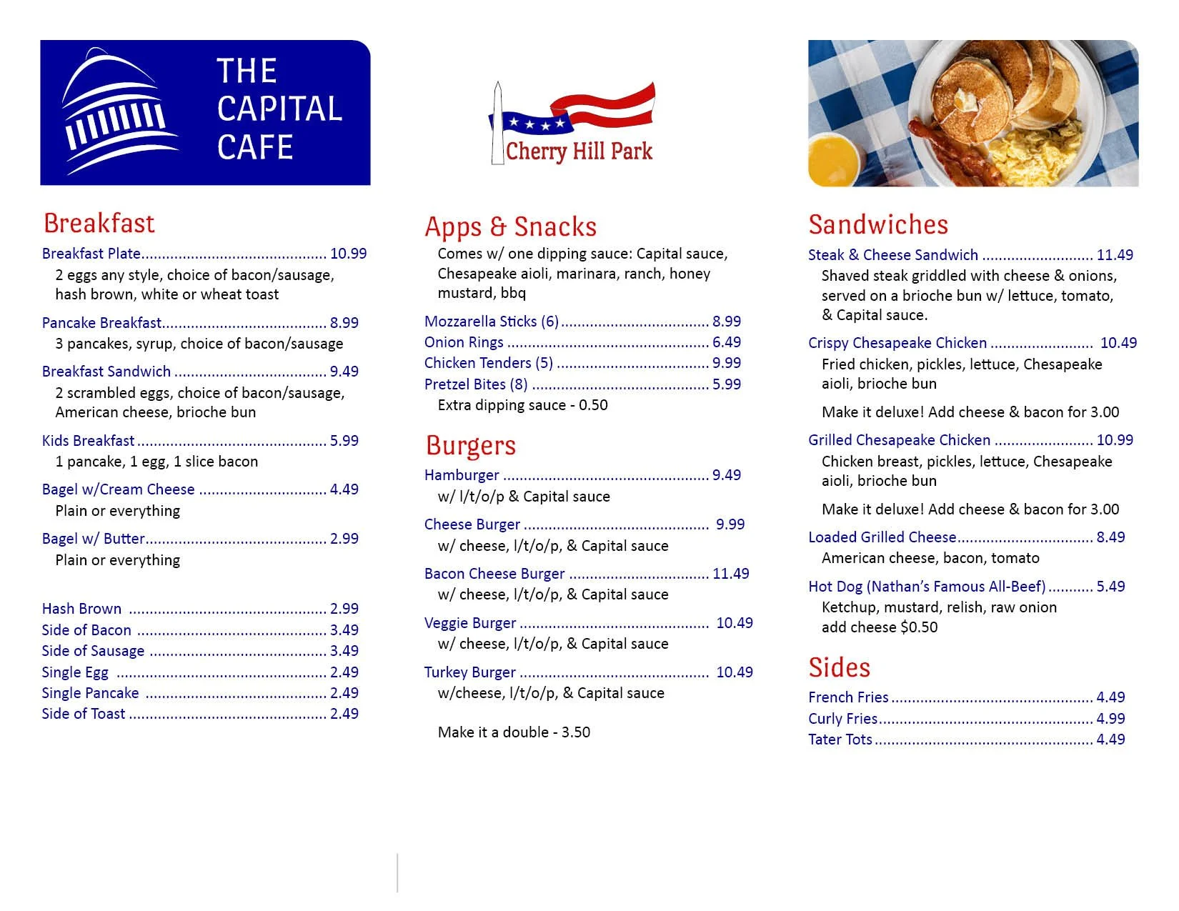 Breakfast, Apps, Snacks, Sandwiches, Burgers, Sides