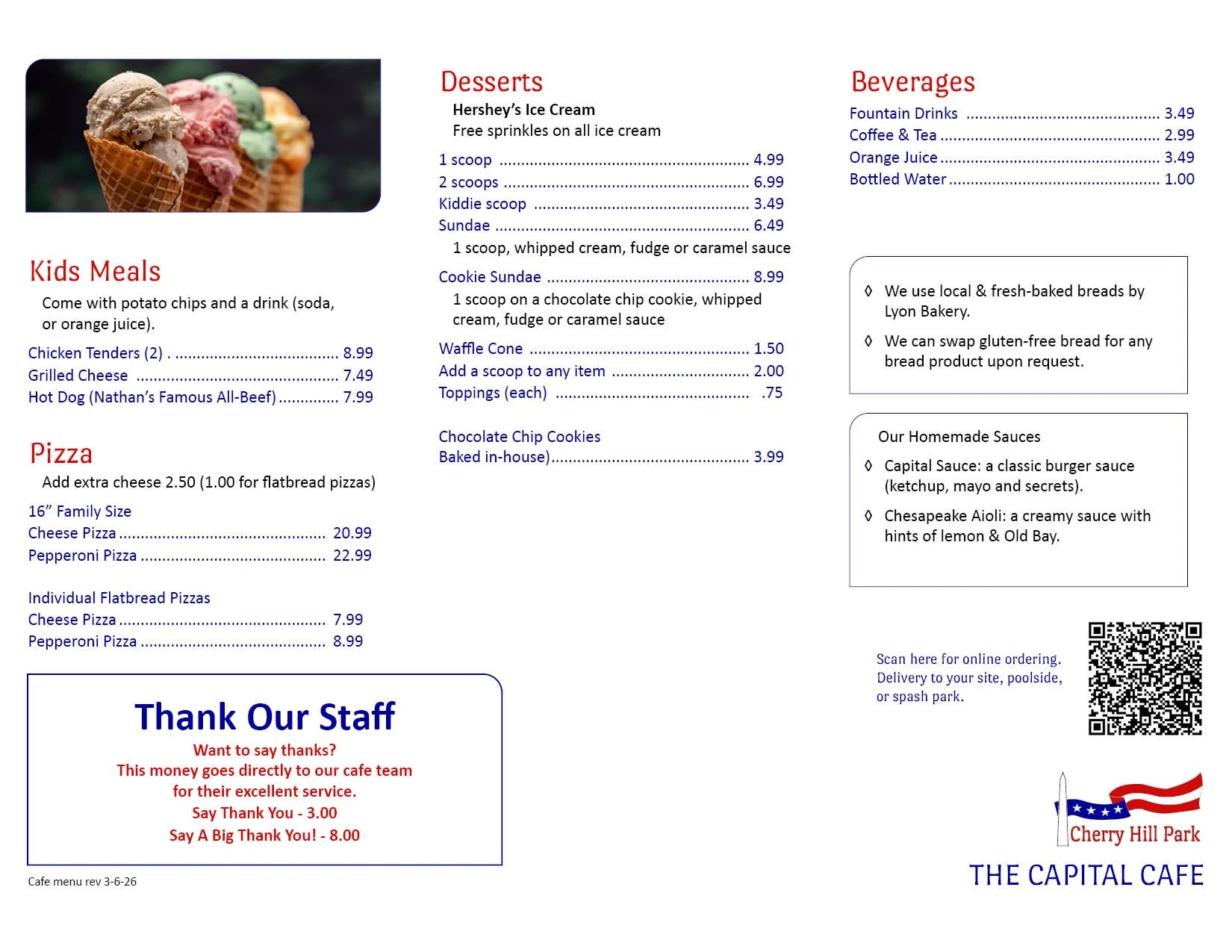 Kids Meals, Pizza, Desserts, Beverages