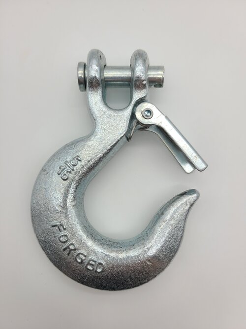 Overloaded Hook - This clevis slip hook has been overloaded based on the visual indicator that the hook no longer retains the latch. The damage could be caused due to overloading or shock loading. The hook and chain system need to removed from service.