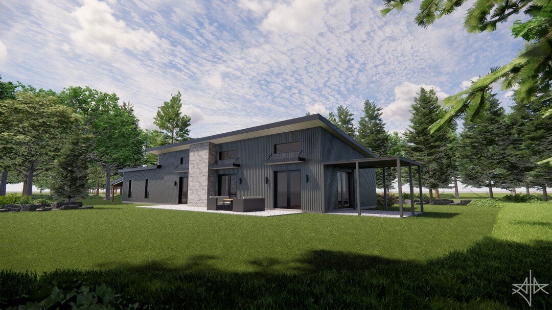 Realistic render of 1 storey residence with attached garage. #residence #garage #stone #metal #wood #slabongrade #modern #contemporary #architecture #revit #enscape #render #aja #adamjodoinarchitectural #design