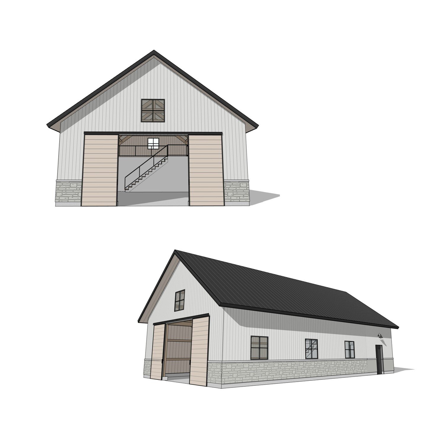 1 Storey Detached Garage with loft. #garage #accessorybuilding #workshop #loft #timber #stone #metal #barn #architecture #revit #perspective #aja #adamjodoinarchitectural #design