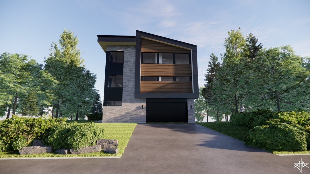 Realistic day &amp; night renders of 3 storey residence with attached garage. #residence #garage #waterfront #balcony #stone #metal #wood #modern #contemporary #architecture #revit #render #dayandnight #aja #adamjodoinarchitectural #design