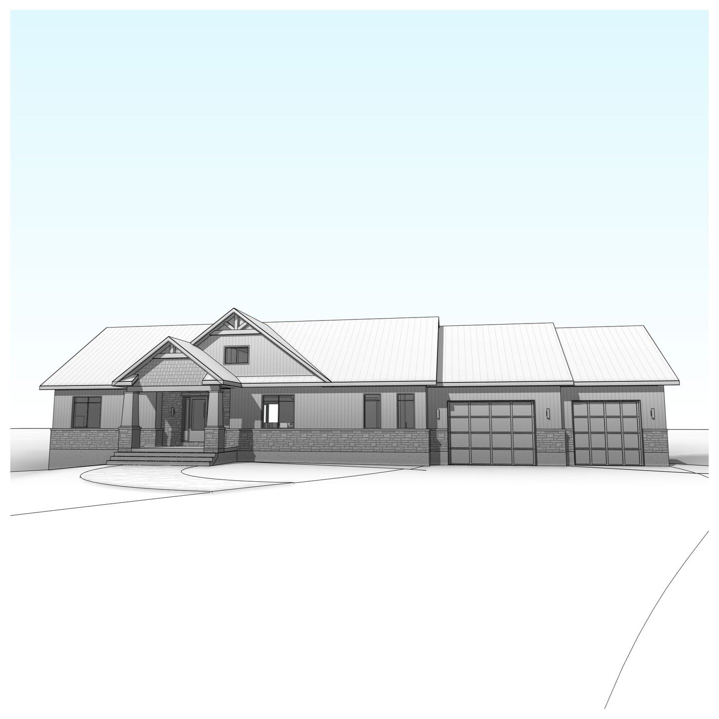 1 Storey Residence with attached garage. #residence #garage #traditional #coveredporch #timber #walkoutbasement #perspective #revit #architecture #aja #adamjodoinarchitectural #design