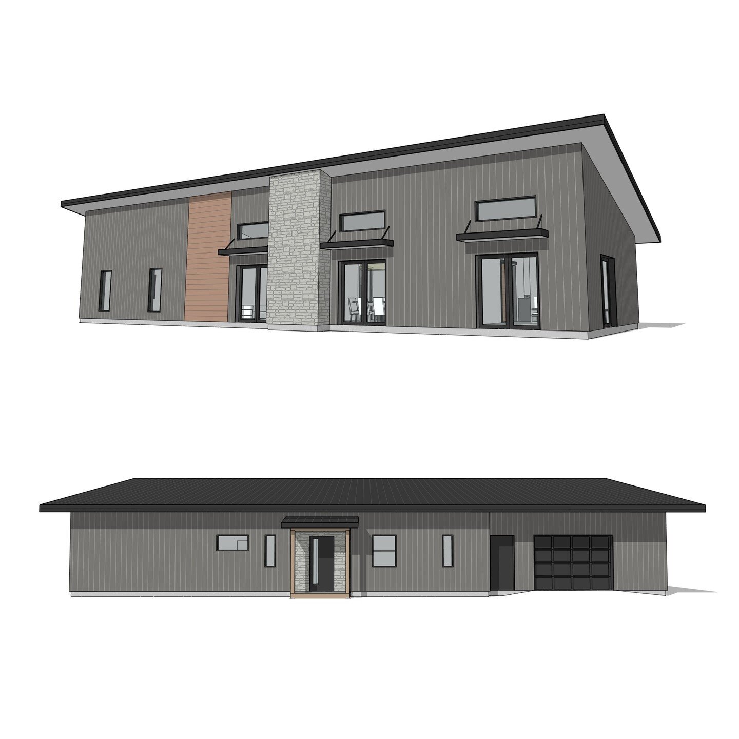 1 storey residence with attached garage. #residence #metalsiding #attachedgarage #slabongrade #modern #perspective #revit #architecture #aja #adamjodoinarchitectural #design