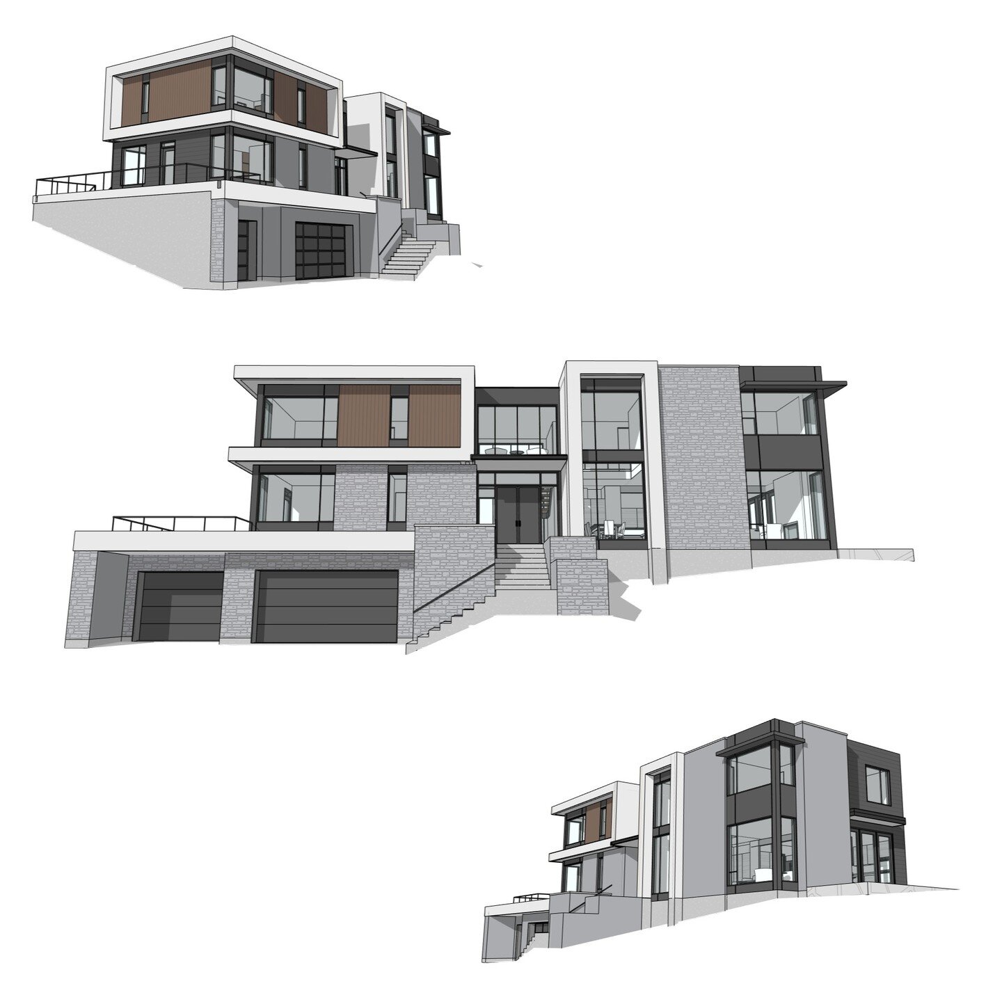 2 storey single family residence with attached garage &amp; walkout basement. @ofdginc #residence #featurestair #terrace #walkoutbasement #garage #modern #contemporary #stone #metal #wood #perspective #revit #architecture #aja #adamjodoinarchitectura