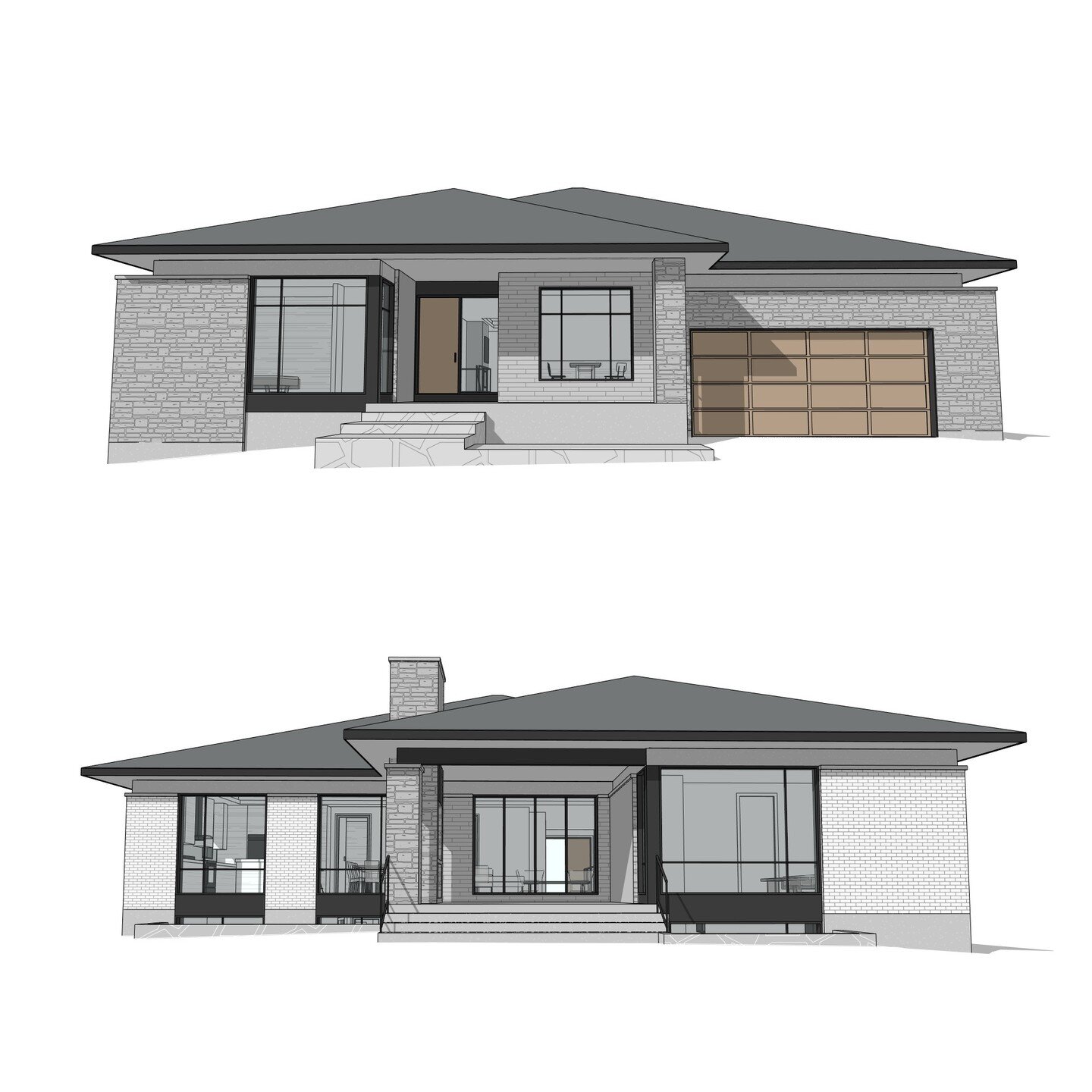 1 storey single family residence with attached garage. @ofdginc #residence #garage #modern #contemporary #stone #brick #metal #wood #perspective #revit #architecture #aja #adamjodoinarchitectural #design #ottawa