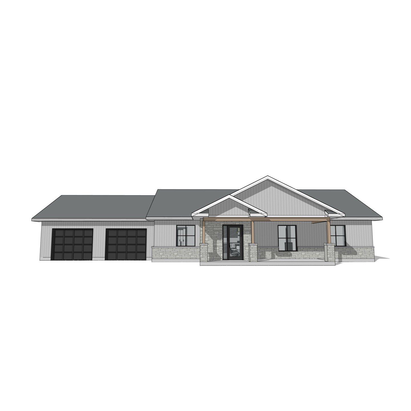 1 Storey Residence with attached garage and slab on grade. #residence #garage #coveredporch #metal #stone #perspective #revit #architecture #aja #adamjodoinarchitectural #design