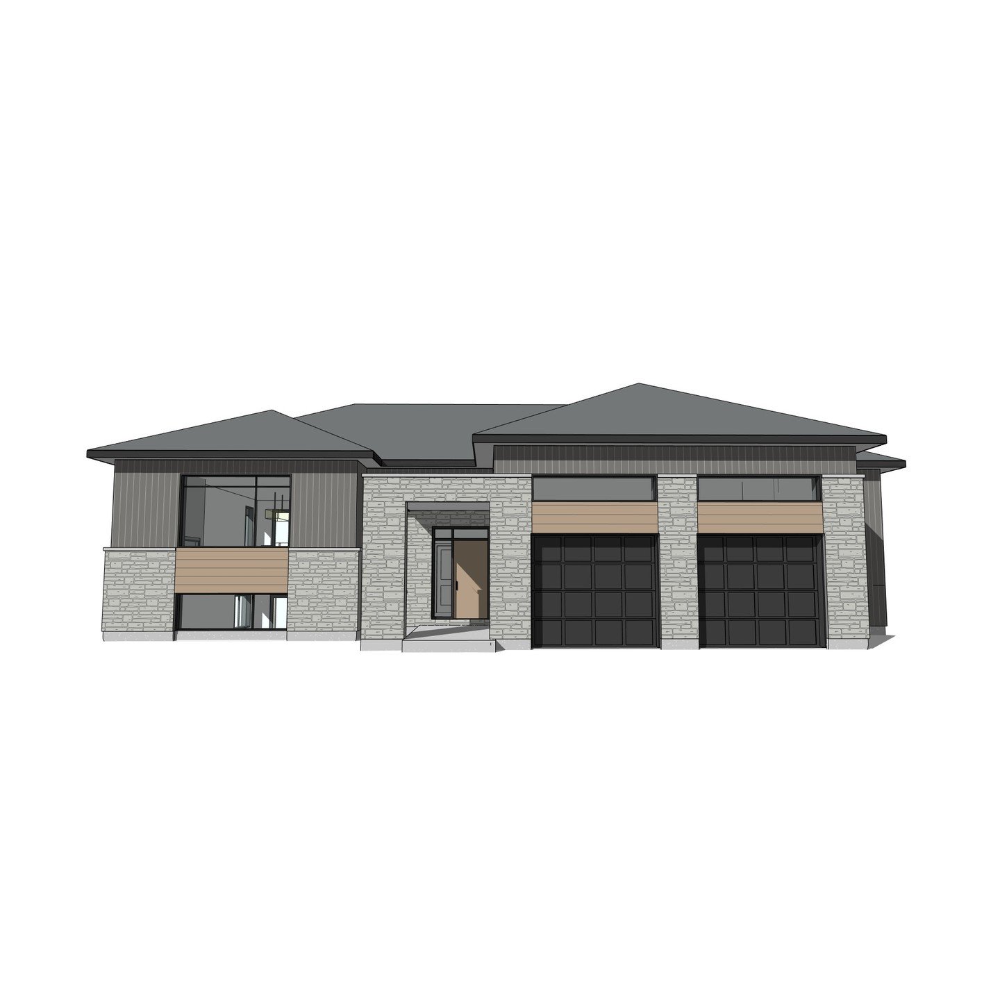 1 storey single family residence with attached garage and split-level entry. #residence #garage #modern #contemporary #stone #brick #metal #wood #perspective #revit #architecture #aja #adamjodoinarchitectural #design
