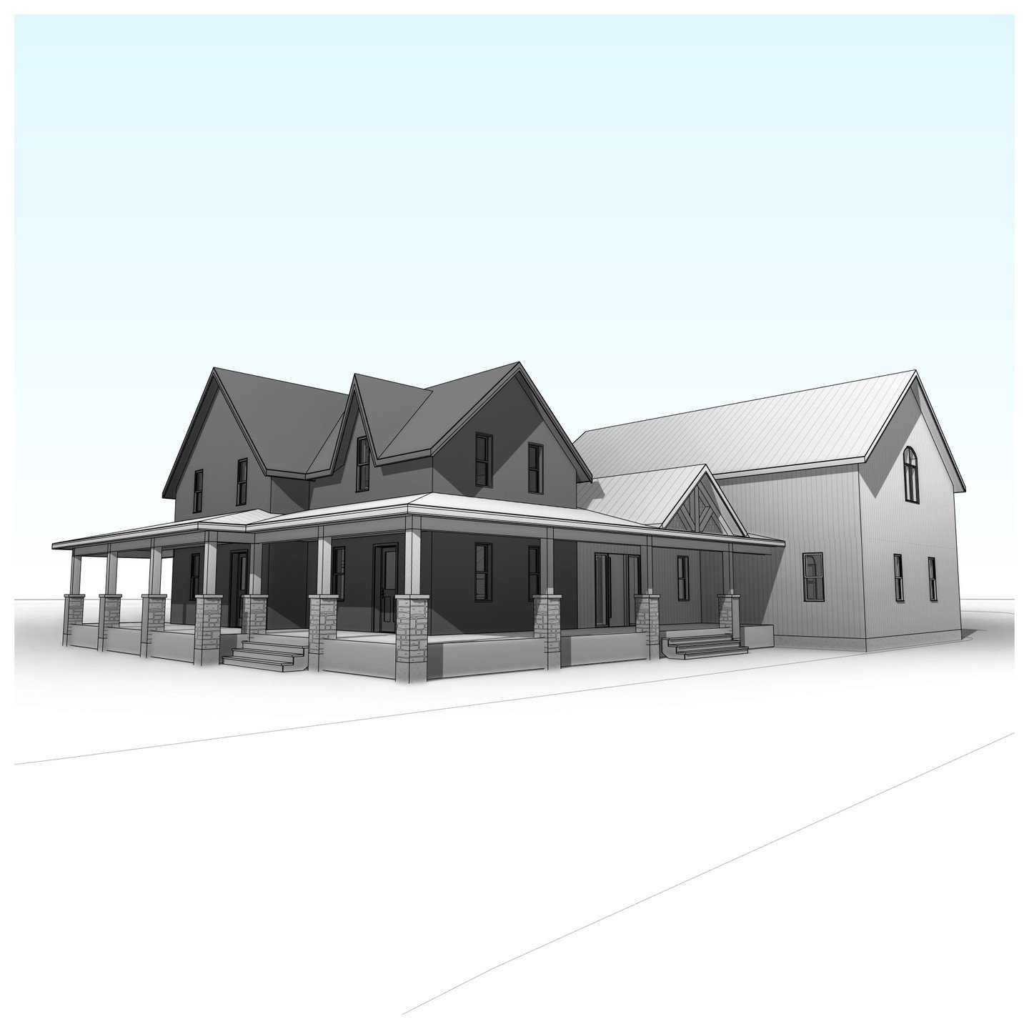 1 storey addition, including wrap-around porch, foyer/mudroom/office link, attached 3 car garage and loft storage. #addition #garage #loft #foyer #mudroom #office #wraparoundporch #farmhouse #traditional #timber #perspective #revit #architecture #aja