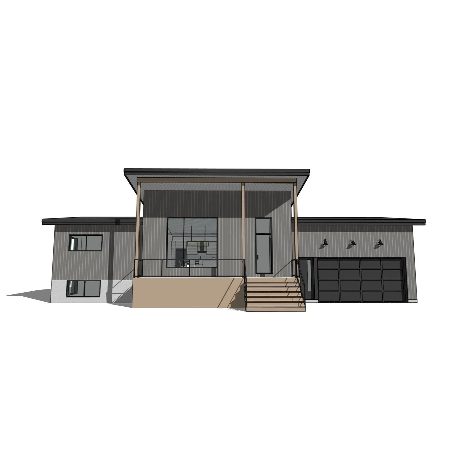 1 Storey Residence with attached garage. #residence #porch #modern #contemporary #metal #wood #perspective #revit #architecture #aja #adamjodoinarchitectural #design