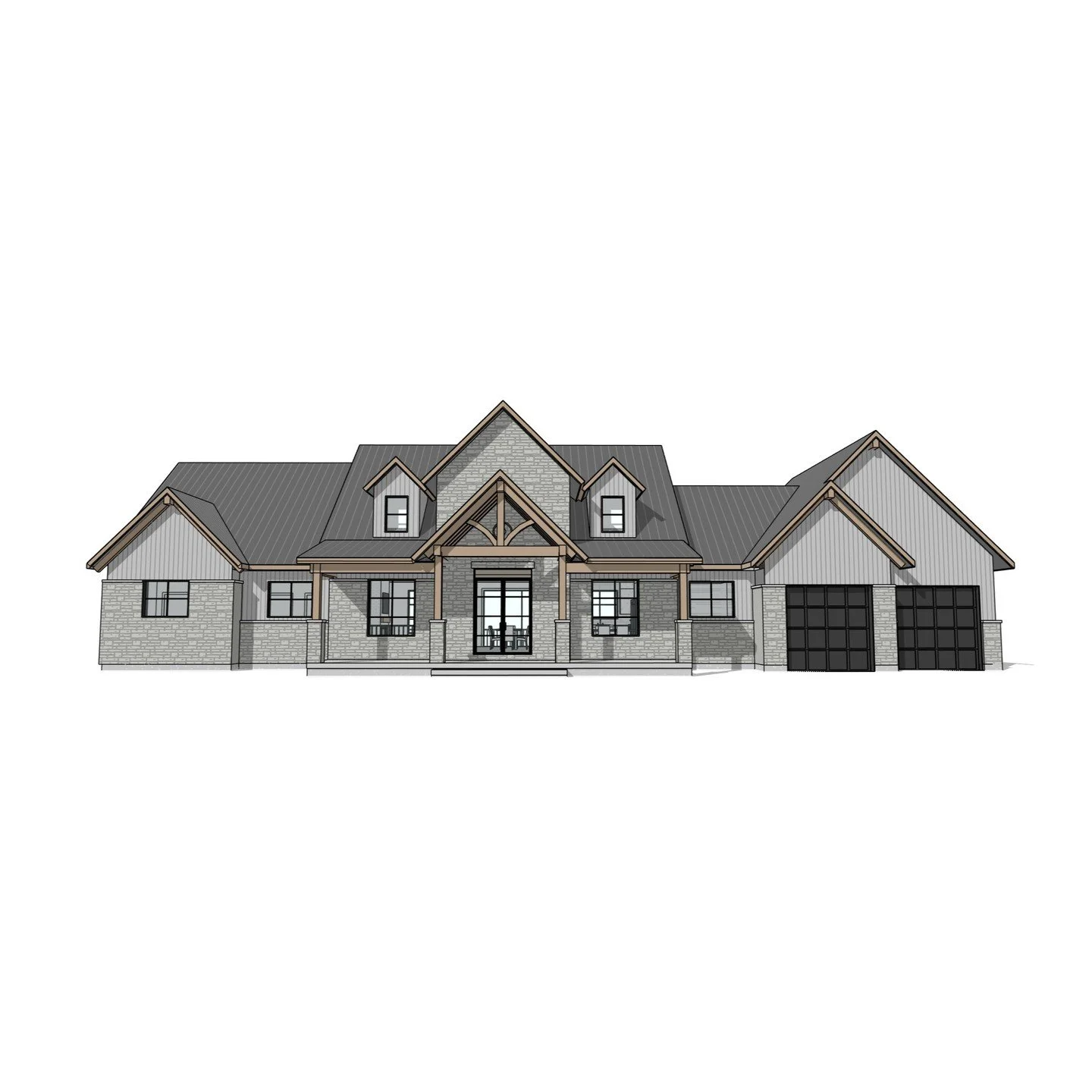 1 Storey Residence with attached garage. #residence #garage #timberentry #traditional #coveredporch #timber #stone #perspective #revit #architecture #aja #adamjodoinarchitectural #design