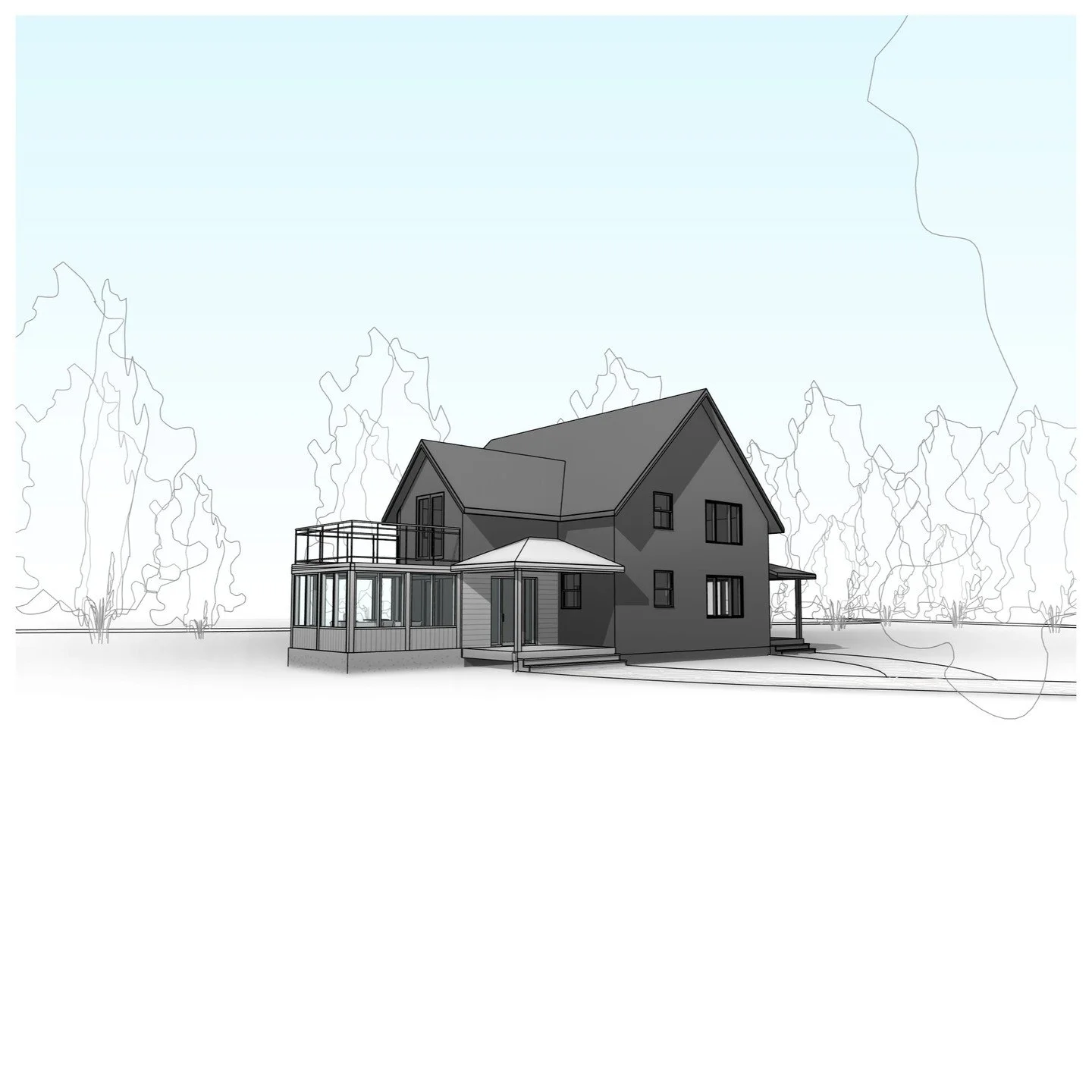 1 storey sunroom addition to existing residence with rooftop terrace. #addition #sunroom #deck #porch #terrace #rooftop #mudroom #traditional #residence #perspective #revit #architecture #aja #adamjodoinarchitectural #design