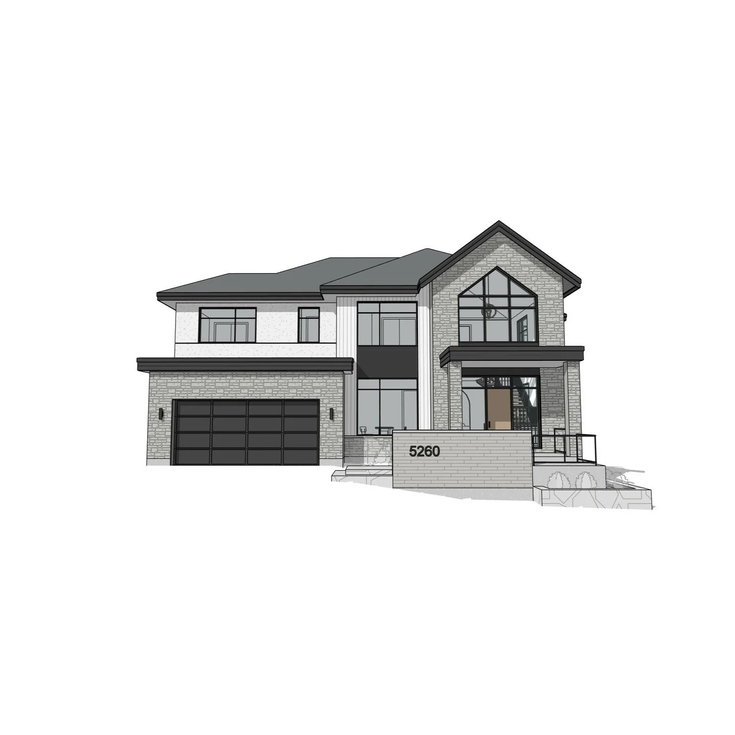 2 Storey Residence with attached garage, double-height foyer &amp; feature stair. #residence #garage #featurestair #doubleheightfoyer #stone #stucco #metal #revit #architecture #aja #adamjodoinarchitectural #design