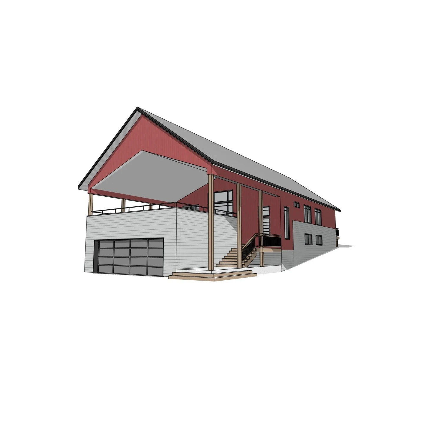 1 Storey Residence with walkout basement &amp; rooftop terrace. #residence #traditional #barn #coveredporch #timber #aframe #balcony #walkoutbasement #cottage #rooftopterrace #perspective #revit #architecture #aja #adamjodoinarchitectural #design