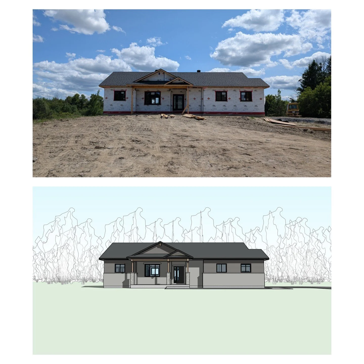 Construction progress of 1 storey single family residence with attached garage. @red_maple_building #residence #garage #traditional #stone #wood #perspective #revit #architecture #aja #adamjodoinarchitectural #design