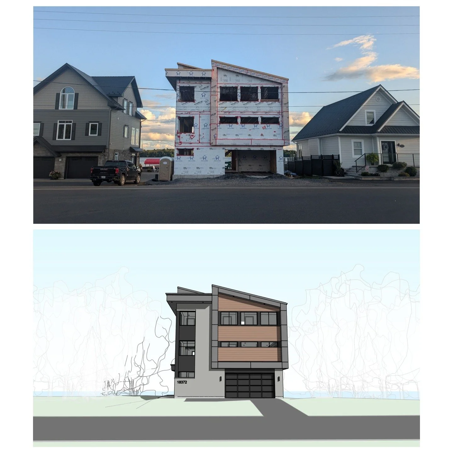 Construction Progress of 3 storey residence with attached garage and waterfront balcony. #residence #garage #waterfront #balcony #stone #metal #wood #featurestair #modern #contemporary #architecture #revit #aja #adamjodoinarchitectural #design