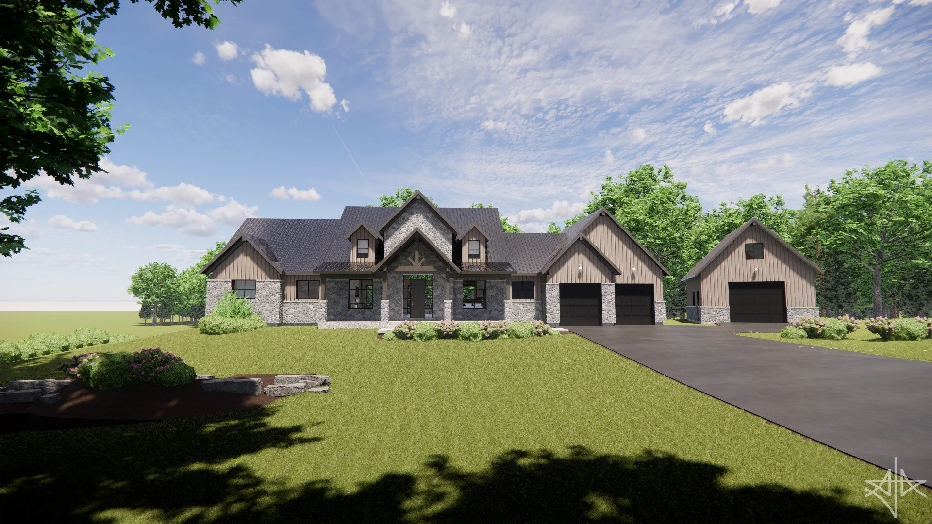 Realistic render of 1 Storey Residence with attached garage and detached garage with loft. #residence #garage #doubleheightfoyer #walkoutbasement #loft #pool #timber #traditional #stone #wood #walkthrough #revit #enscape #render #architecture #aja #a
