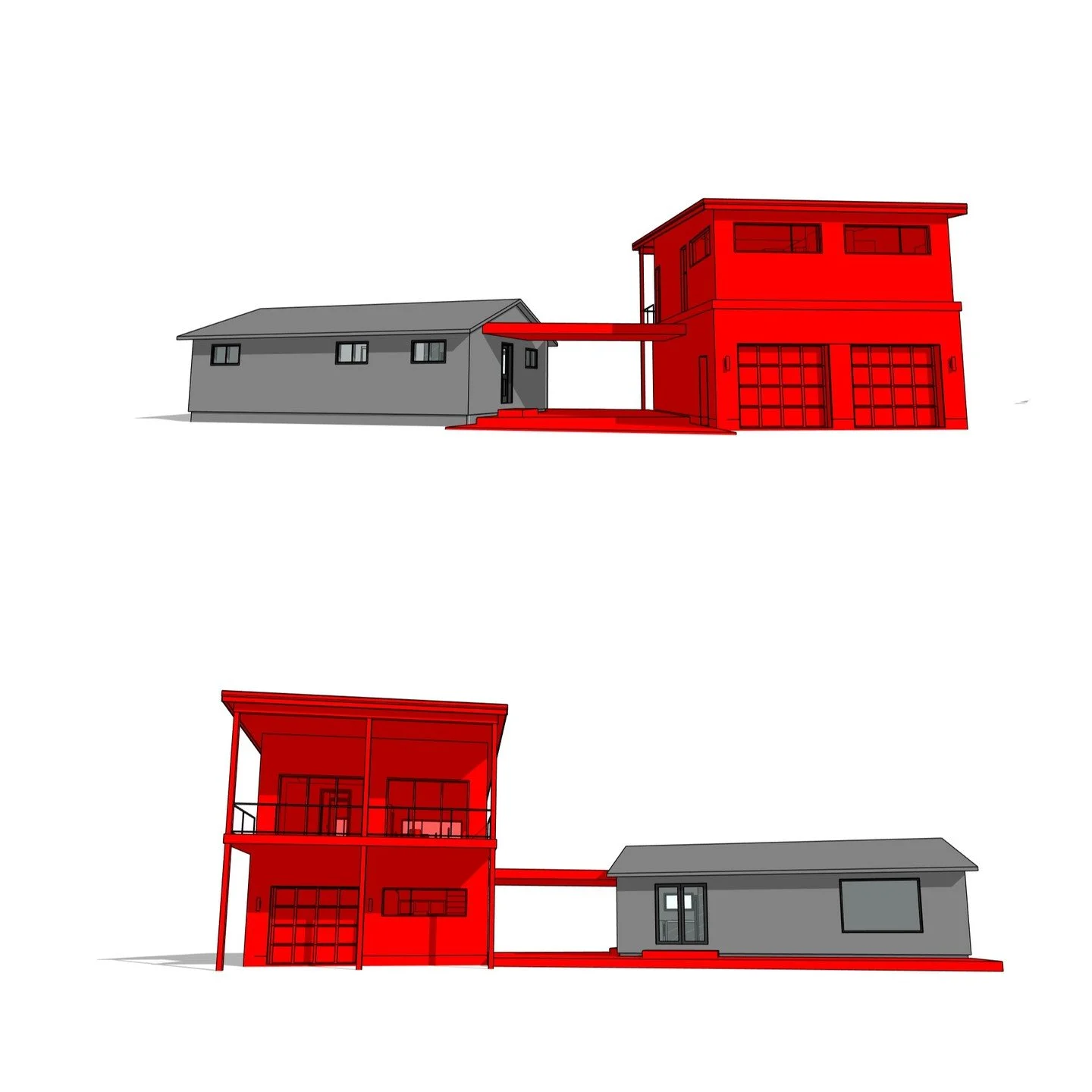2 storey detached garage and secondary suite attached to existing cottage residence. #addition #waterfront #waterview #cottage #accessorydwellingunit #inlawsuite #secondarysuite #balcony #deck #breezeway #residence #modern #contempoary #perspective #