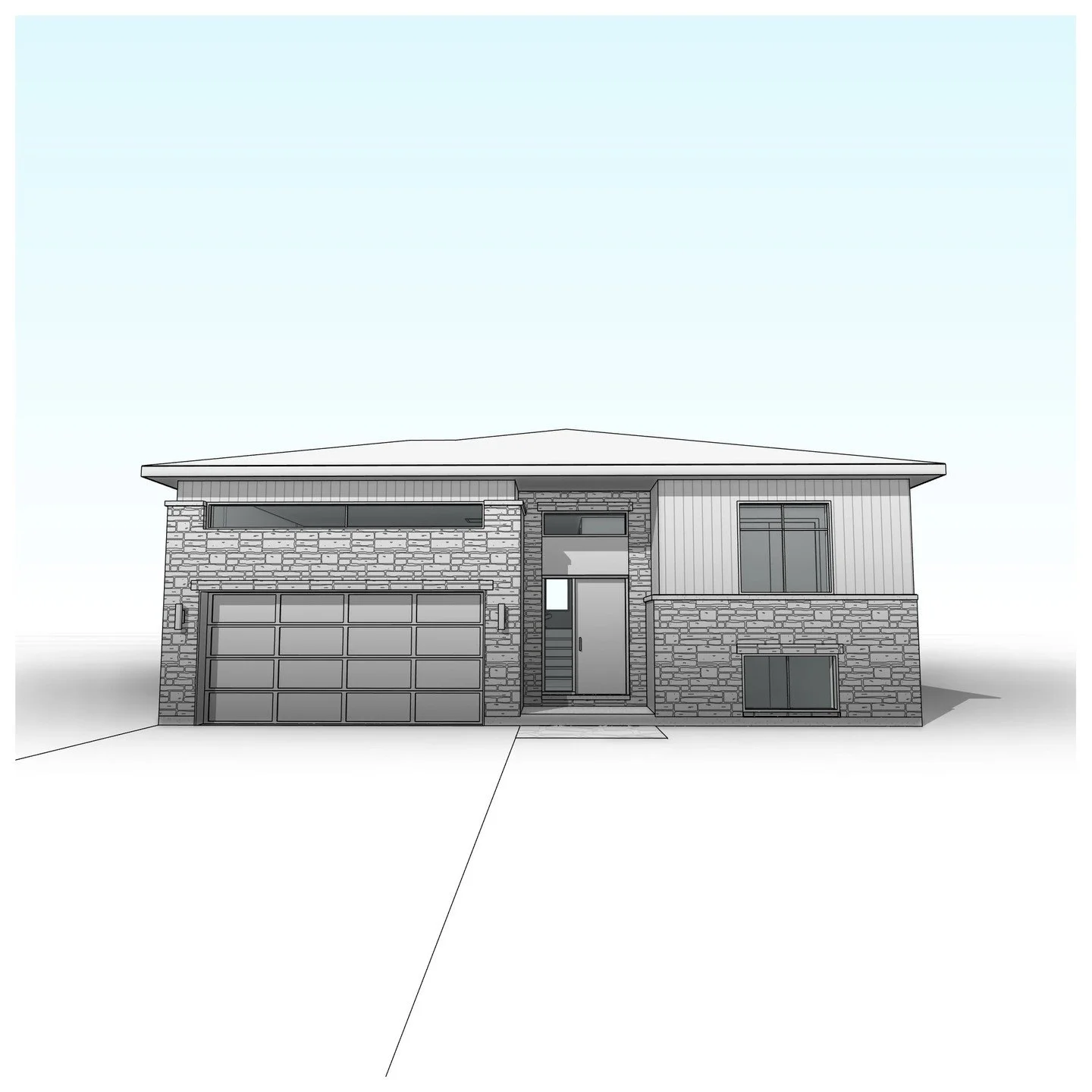 1 storey residence with attached garage and split-level entry. #residence #garage #splitlevelentry #modern #contemporary #stone #perspective #revit #architecture #aja #adamjodoinarchitectural #design