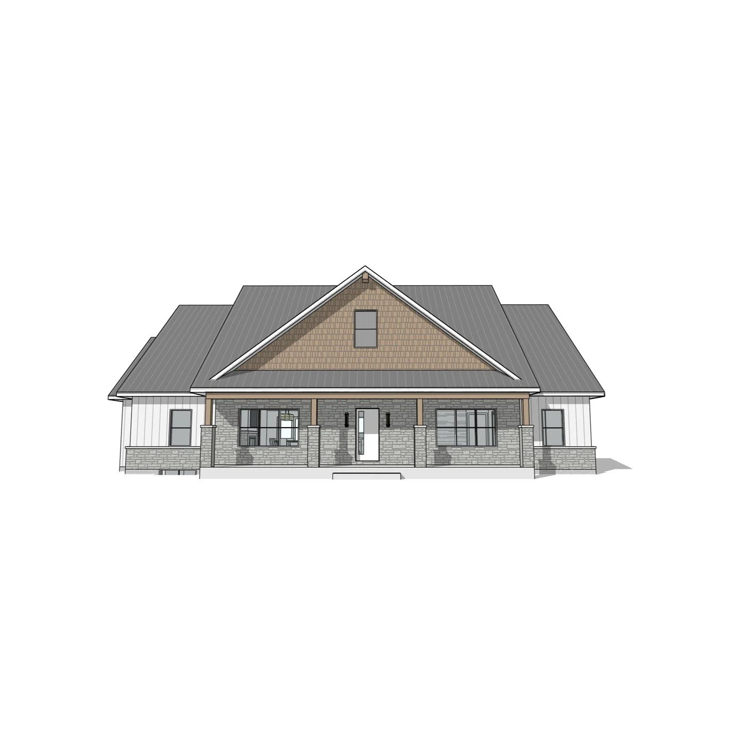 1 storey residence with attached garage. #residence #garage #porch #cedarshake #stone #perspective #craftsman #farmhouse #revit #architecture #aja #adamjodoinarchitectural #design