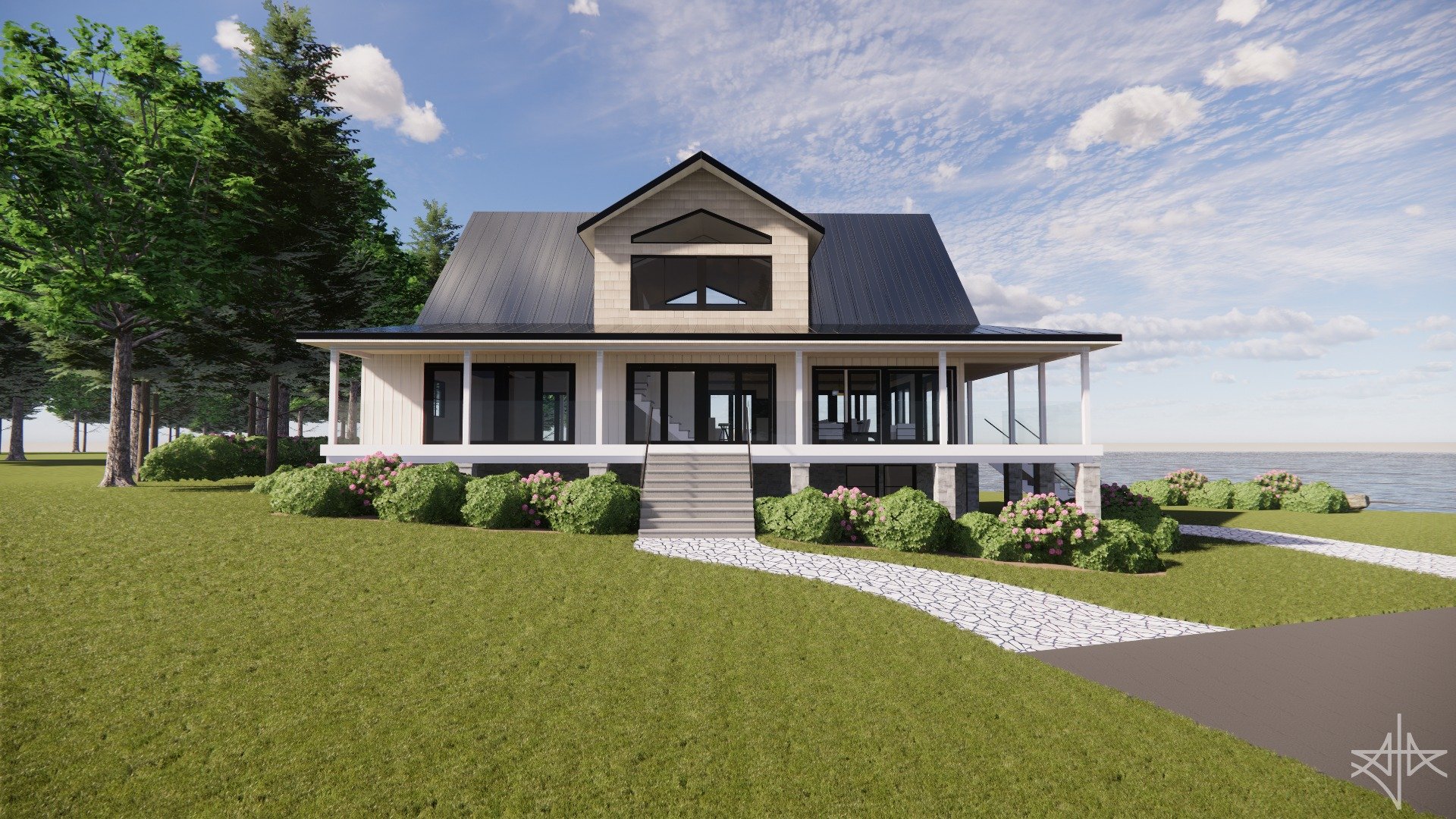 Realistic render of wrap-around porch and roof dormer additions to an existing 2 storey cottage residence with walkout basement and waterfront balcony. #residence #addition #renovation #cottage #waterfront #balcony #walkoutbasement #stone #wood #arch