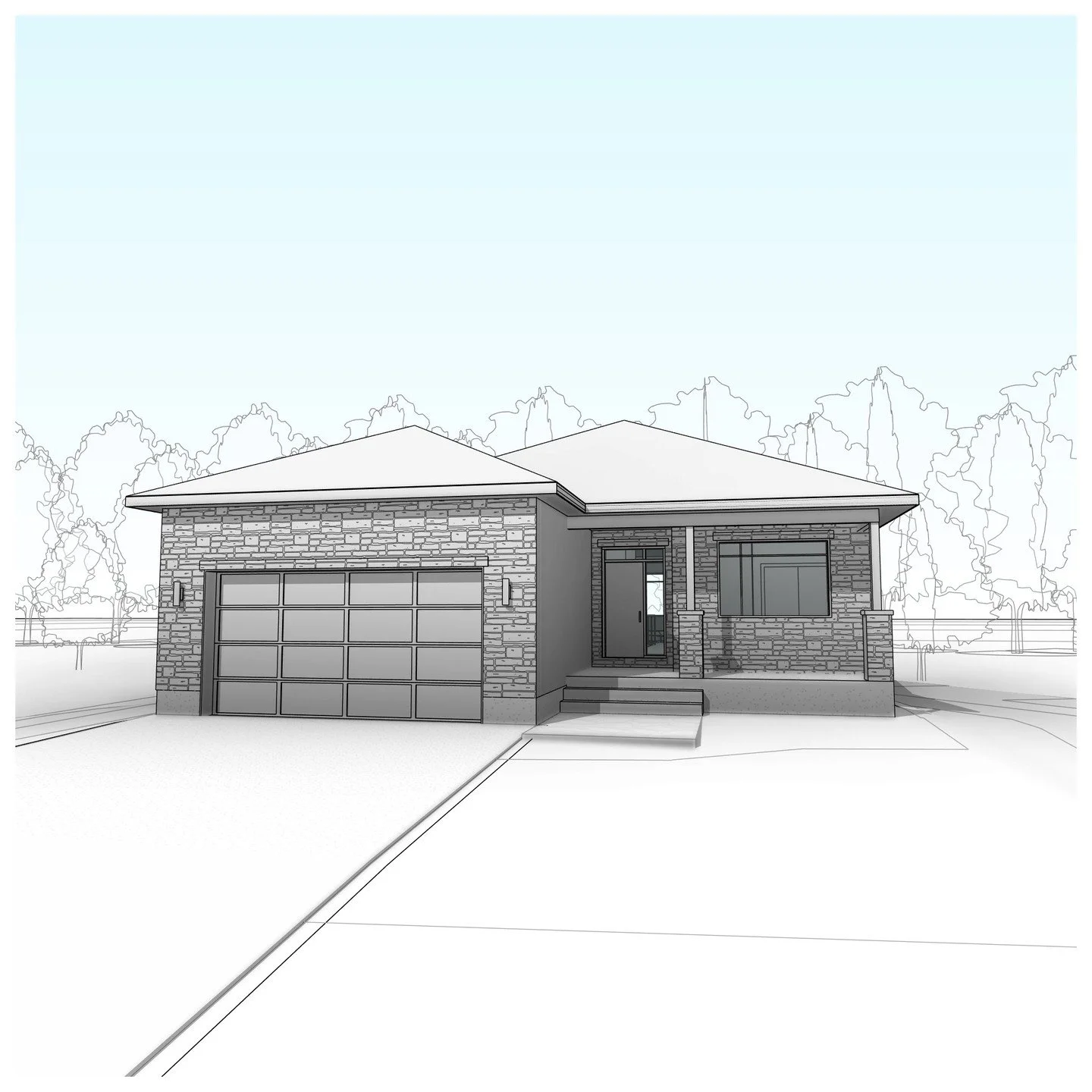 (x2) 1 storey residences with attached garage. #residence #garage #porch #wood #stone #perspective #revit #architecture #aja #adamjodoinarchitectural #design