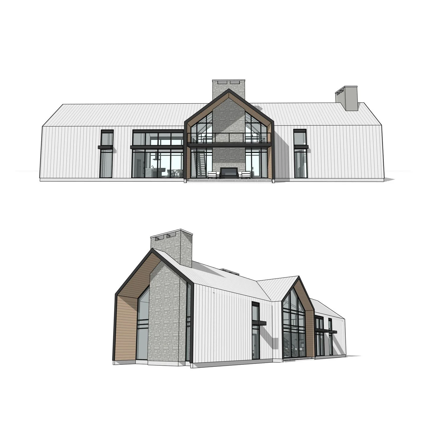 2 Storey Residence with attached garage, feature stair and balcony. #residence #mezzanine #featurestair #balcony #waterfront #garage #modern #contemporary #barn #metal #wood #stone #perspective #revit #architecture #aja #adamjodoinarchitectural #desi