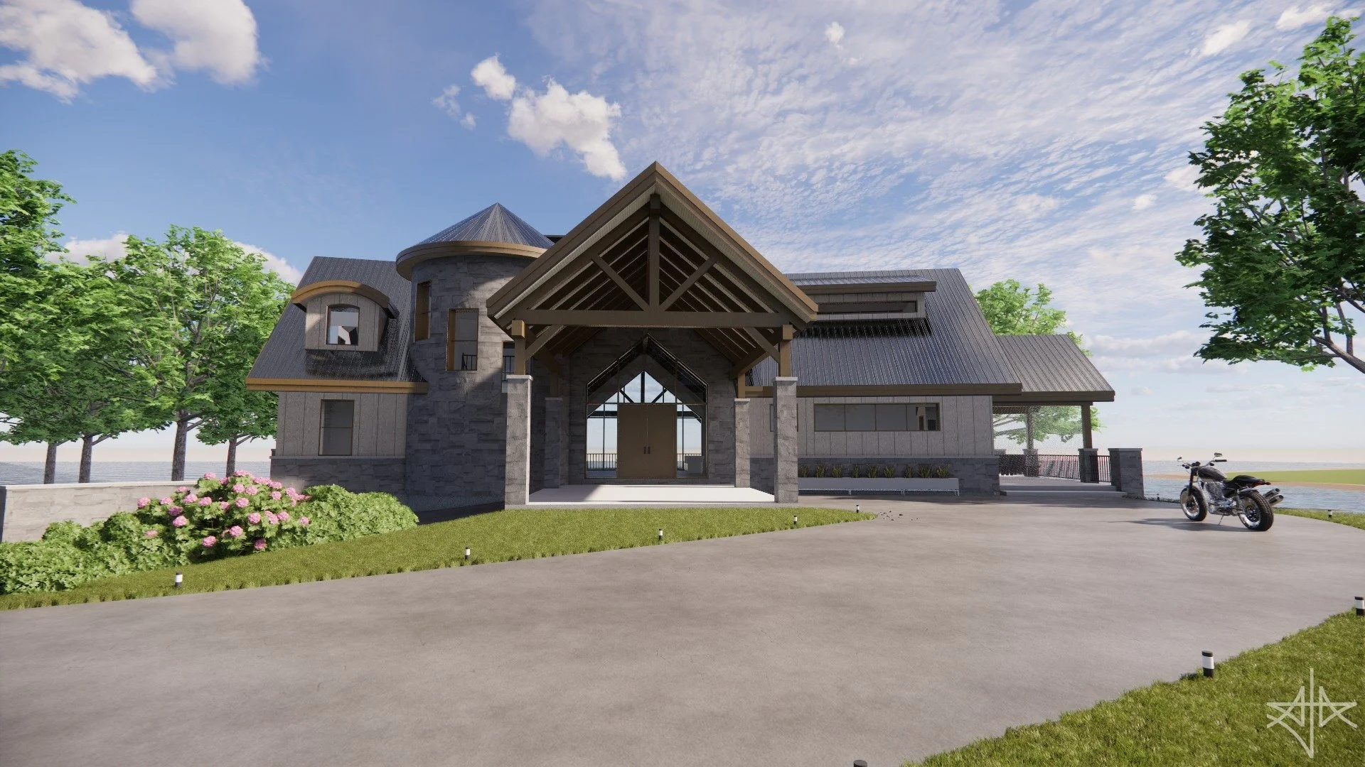 Realistic render of 2 Storey Residence with attached garage and walkout basement.

#residence #garage #timberentry #traditional #coveredporch #walkoutbasement #featurestair #infinitypool #timber #stone #perspective #revit #architecture #aja #adamjodo