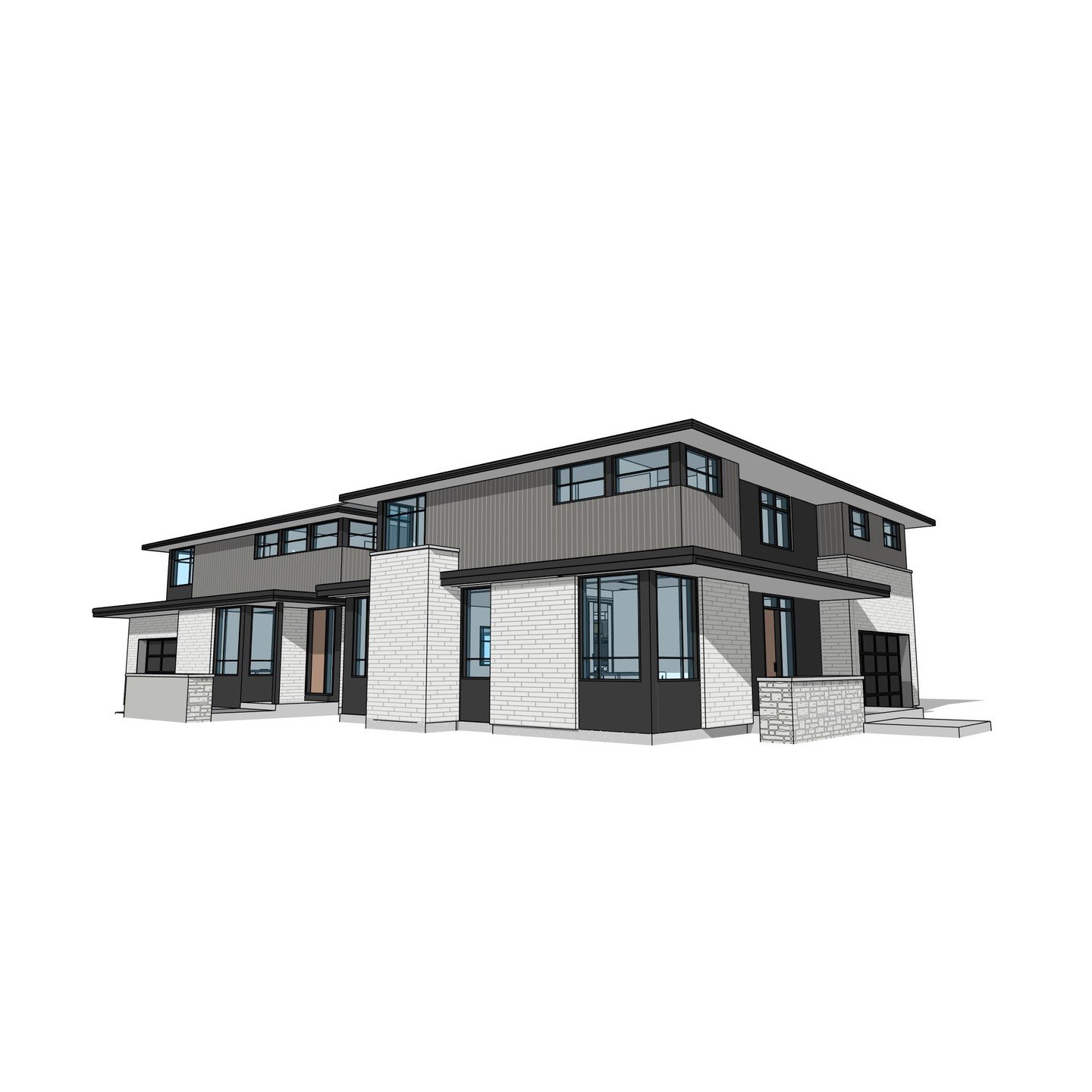 (x2) 2 storey single family residences with attached garage &amp; feature stair. 

#residence #featurestair #doubleheightdining #garage #modern #contemporary #stone #metal #wood #perspective #revit #architecture #aja #adamjodoinarchitectural #design