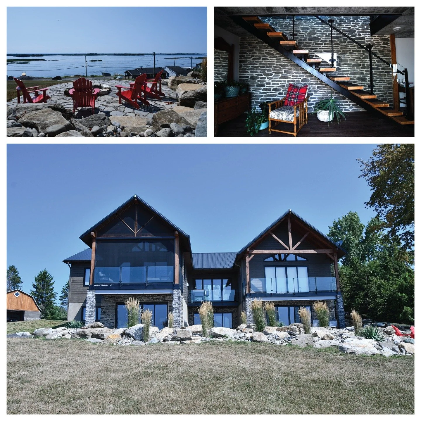 Completed photos of 1 storey residence with attached garage and walkout basement.

#sitephoto #residence #garage #waterfront #balcony #timber #timberframe #stone #featurestair #landscape #architecture #aja #adamjodoinarchitectural #design #build @der