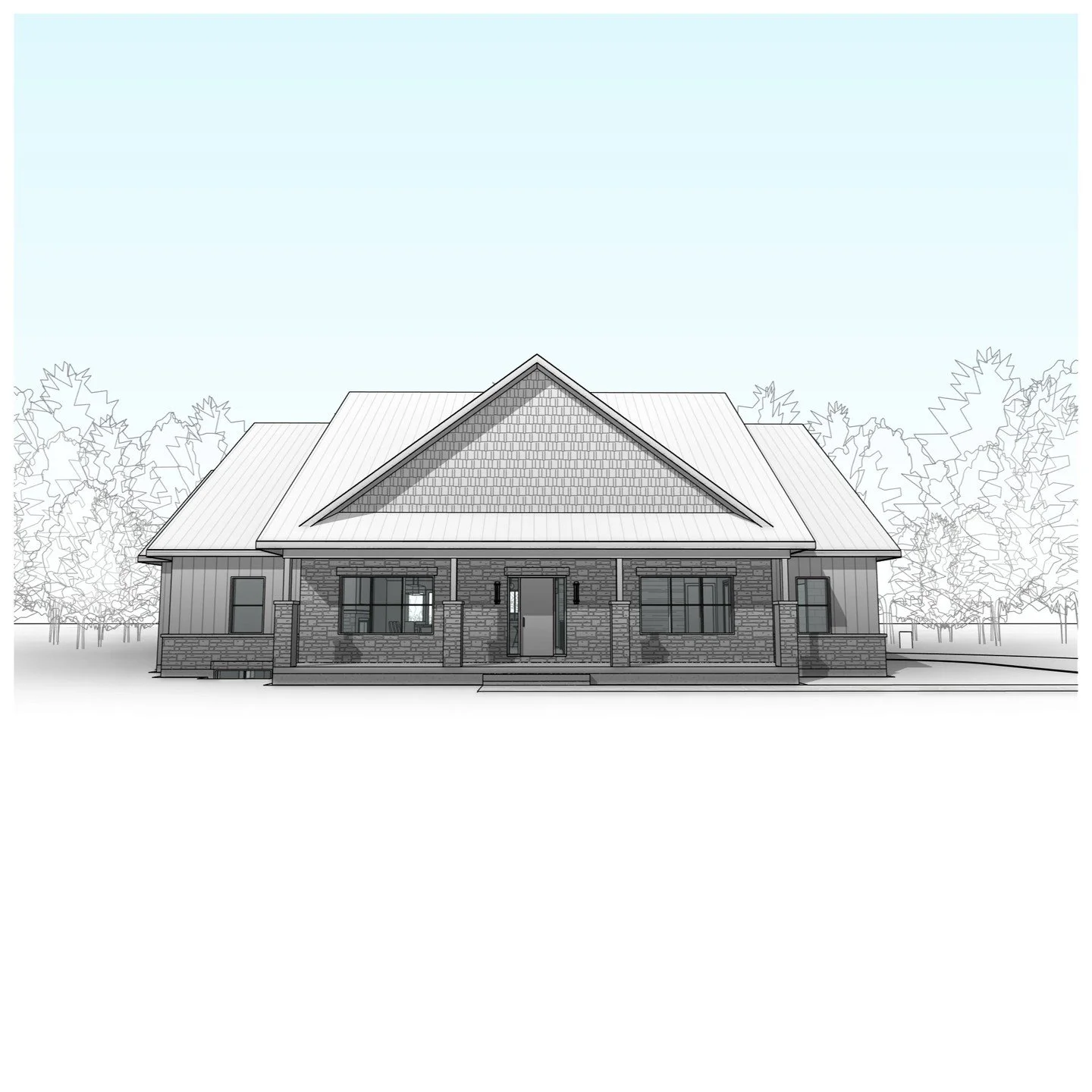 1 storey residence with attached garage. 

#residence #garage #porch #cedarshake #stone #perspective #craftsman #farmhouse #revit #architecture #aja #adamjodoinarchitectural #design