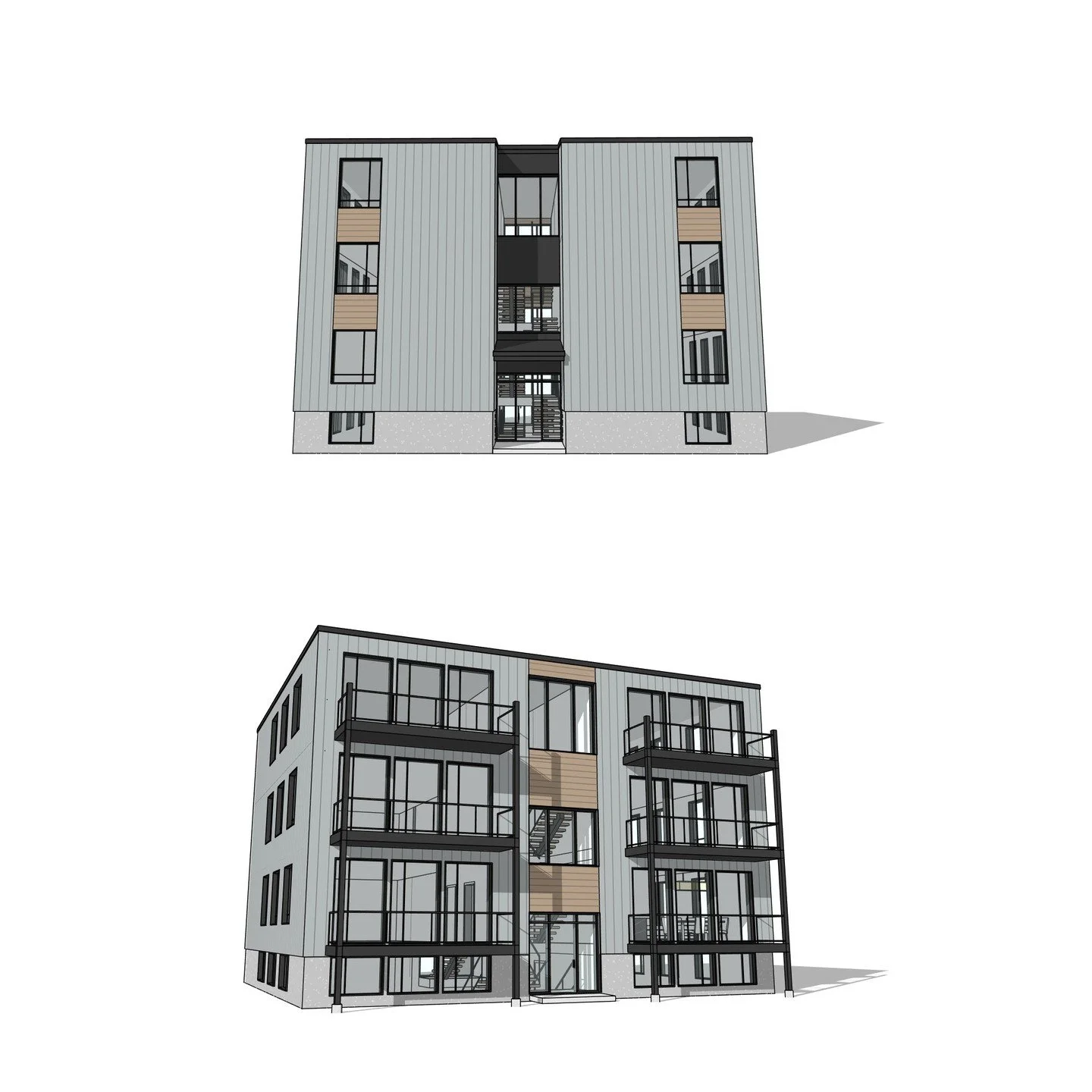 3 Storey Multi-Unit Residence with split-level entry and balcony. 

#residence #featurestair #balcony #modern #contemporary #metal #wood #perspective #revit #architecture #aja #adamjodoinarchitectural #design