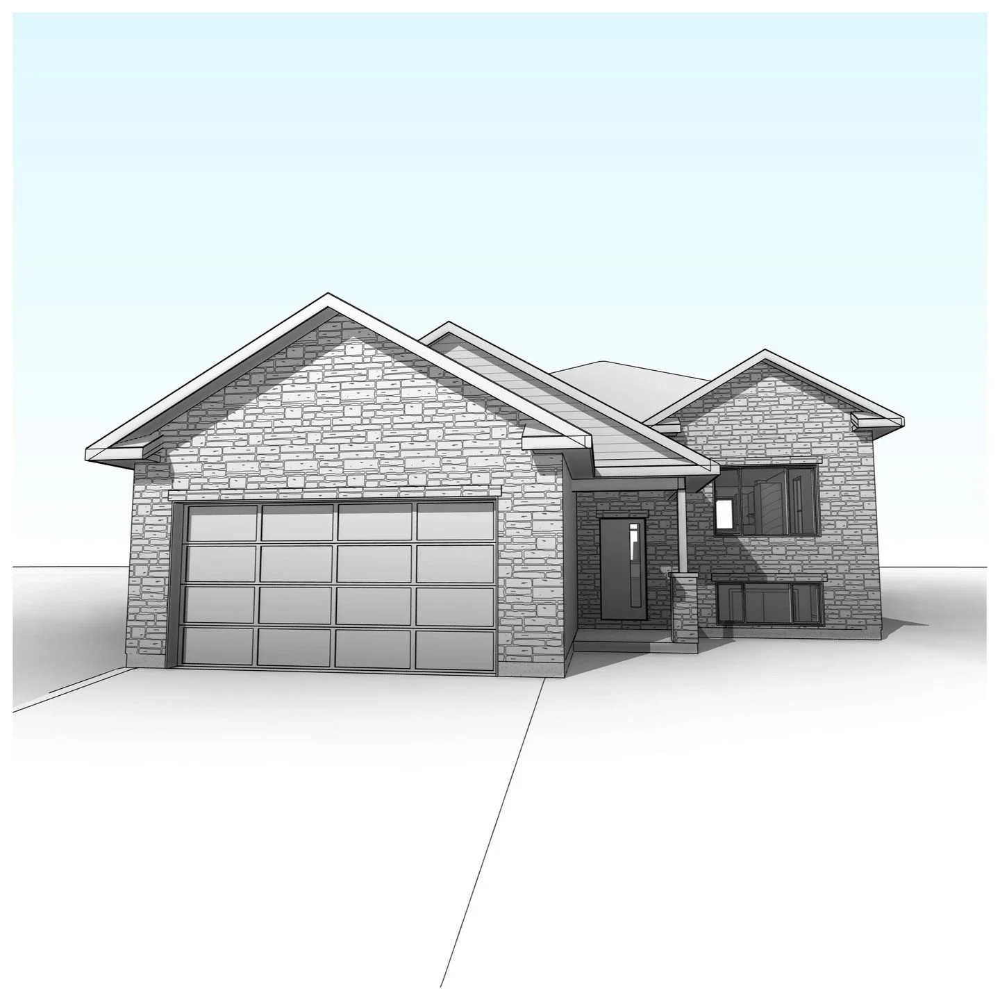 1 storey residence with attached garage. 

#residence #garage #porch #splitlevelentry #wood #stone #perspective #revit #architecture #aja #adamjodoinarchitectural #design
