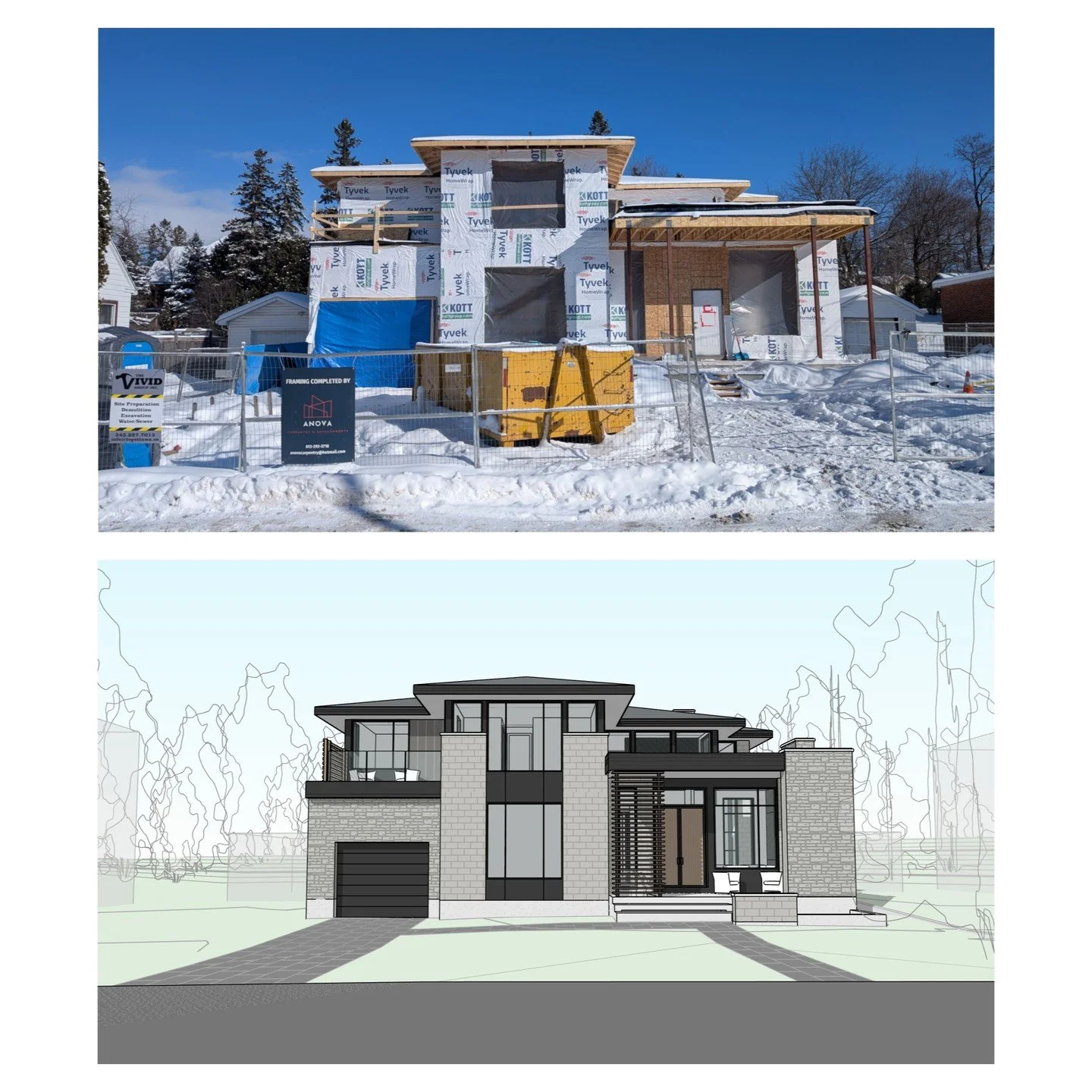 Construction progress of 2 storey single family residence with attached garage, feature stair &amp; roof terrace. @ofdginc

#residence #featurestair #terrace #doubleheightdining #garage #modern #contemporary #stone #metal #wood #perspective #revit #a