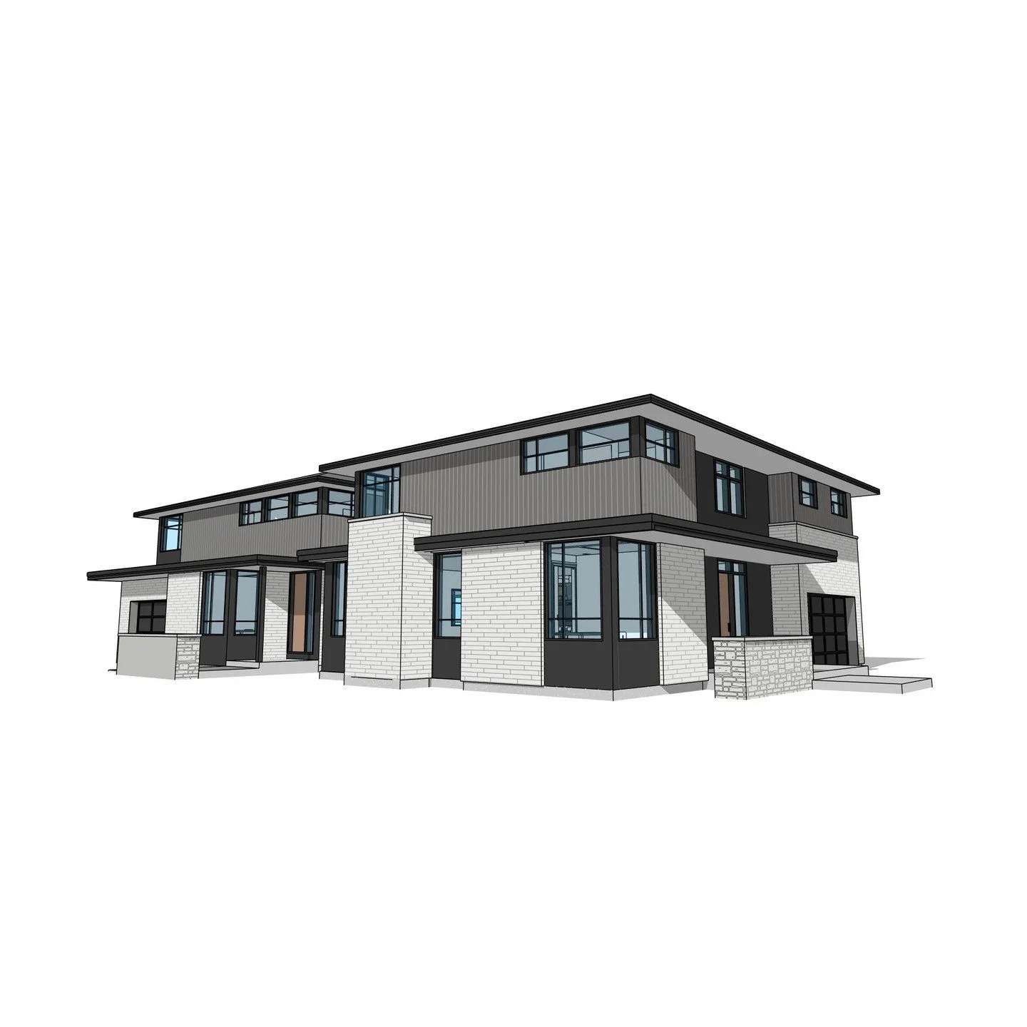 (x2) 2 storey single family residences with attached garage &amp; feature stair. 

#residence #featurestair #doubleheightdining #garage #modern #contemporary #stone #metal #wood #perspective #revit #architecture #aja #adamjodoinarchitectural #design