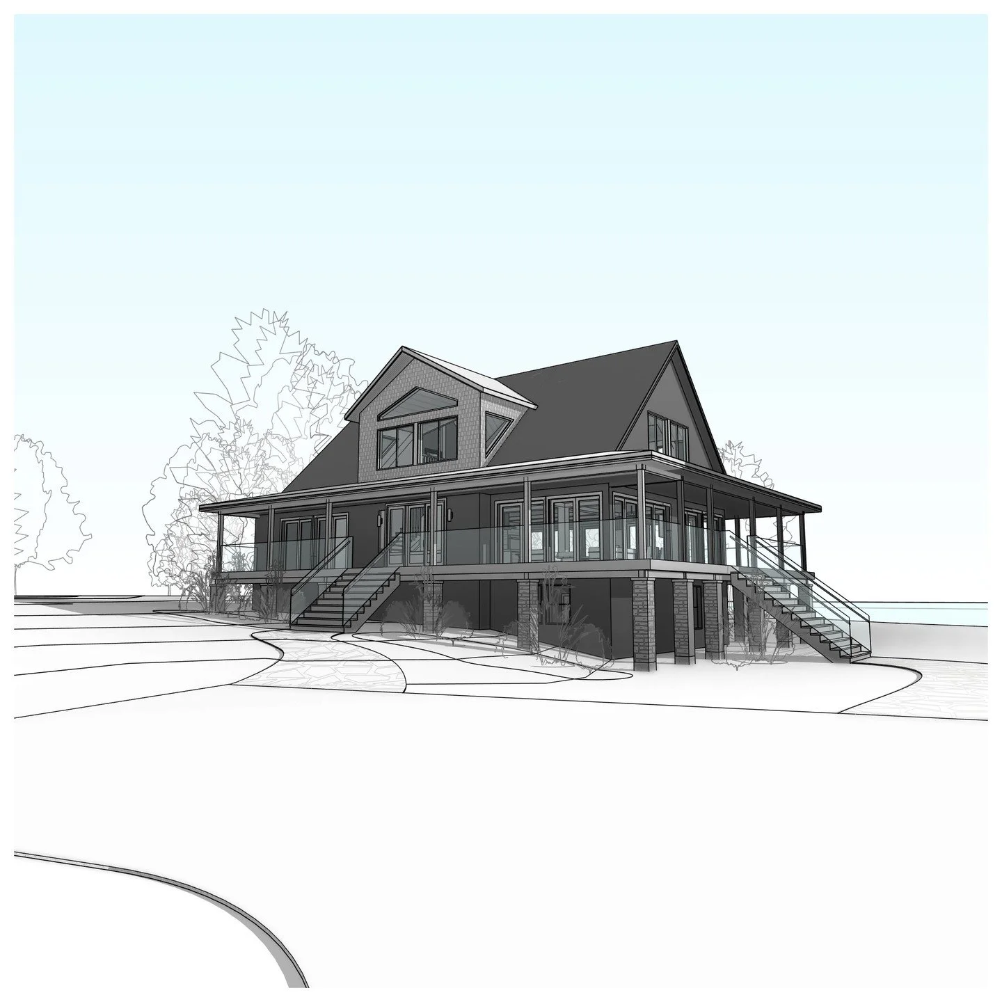 Wrap-around porch and roof dormer additions to an existing 2 storey cottage residence with walkout basement and waterfront balcony. 

#residence #addition #renovation #cottage #waterfront #balcony #walkoutbasement #stone #wood #architecture #revit #a