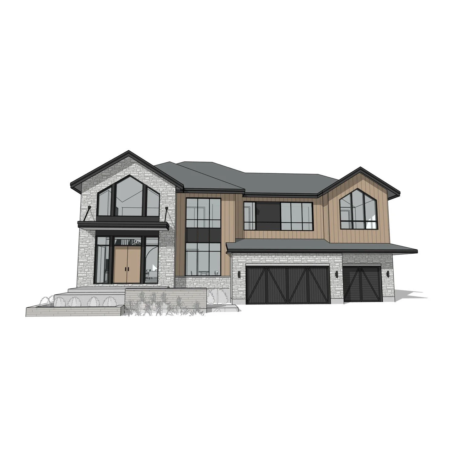 2 Storey Residence with attached garage, double-height foyer &amp; feature stair. 

#residence #garage #featurestair #doubleheightfoyer #stone #stucco #metal #revit #architecture #aja #adamjodoinarchitectural #design