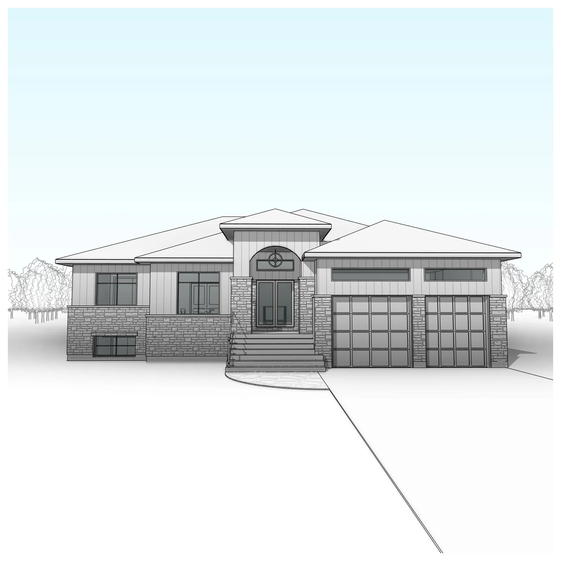 1 storey residence with attached garage.

#residence #garage #featurestair #porch #stone #perspective #contemporary #revit #architecture #aja #adamjodoinarchitectural #design