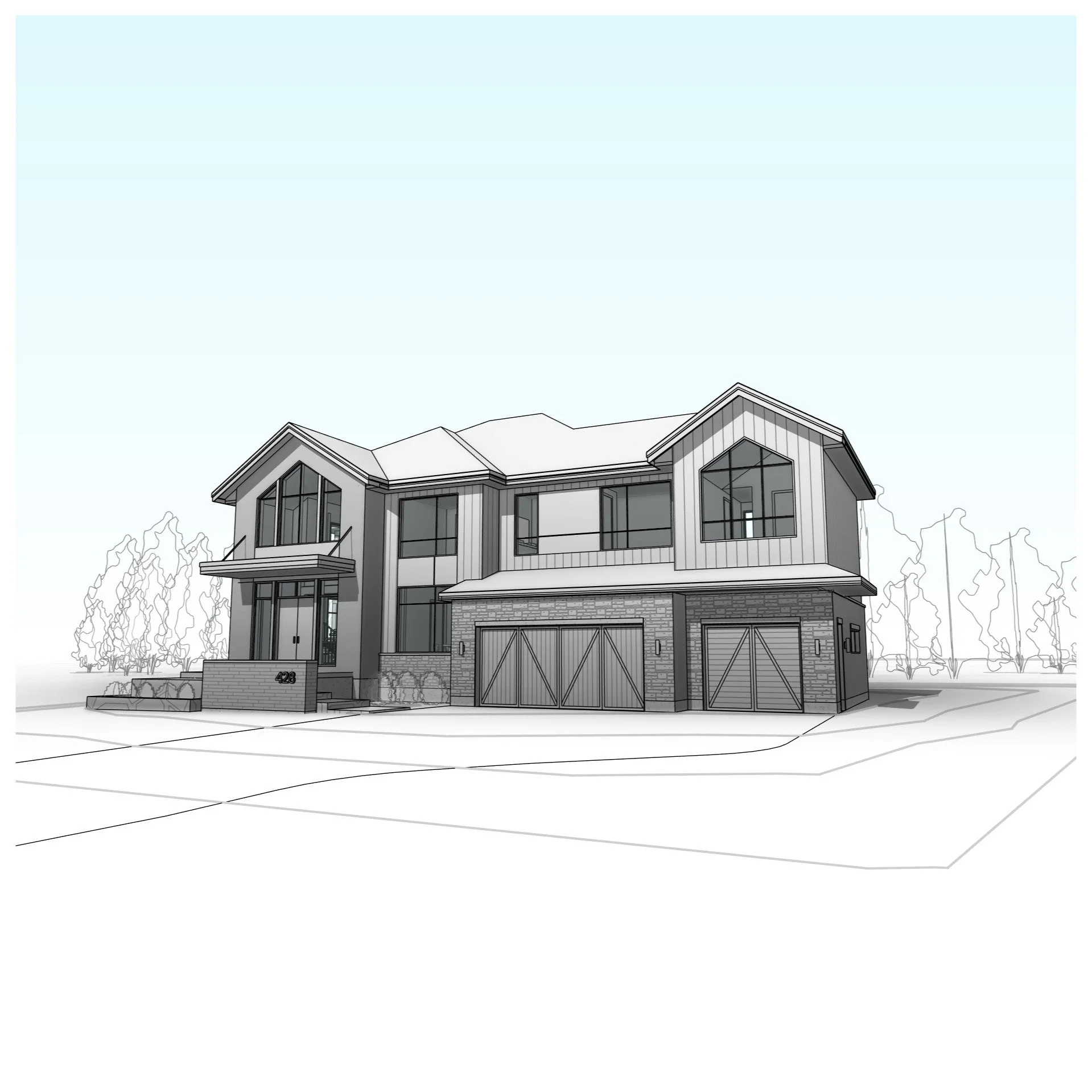 2 storey residence with attached garage.

#residence #garage #featurestair #porch #roofcanopy #loft #doubleheightfoyer #stone #perspective #revit #architecture #aja #adamjodoinarchitectural #design