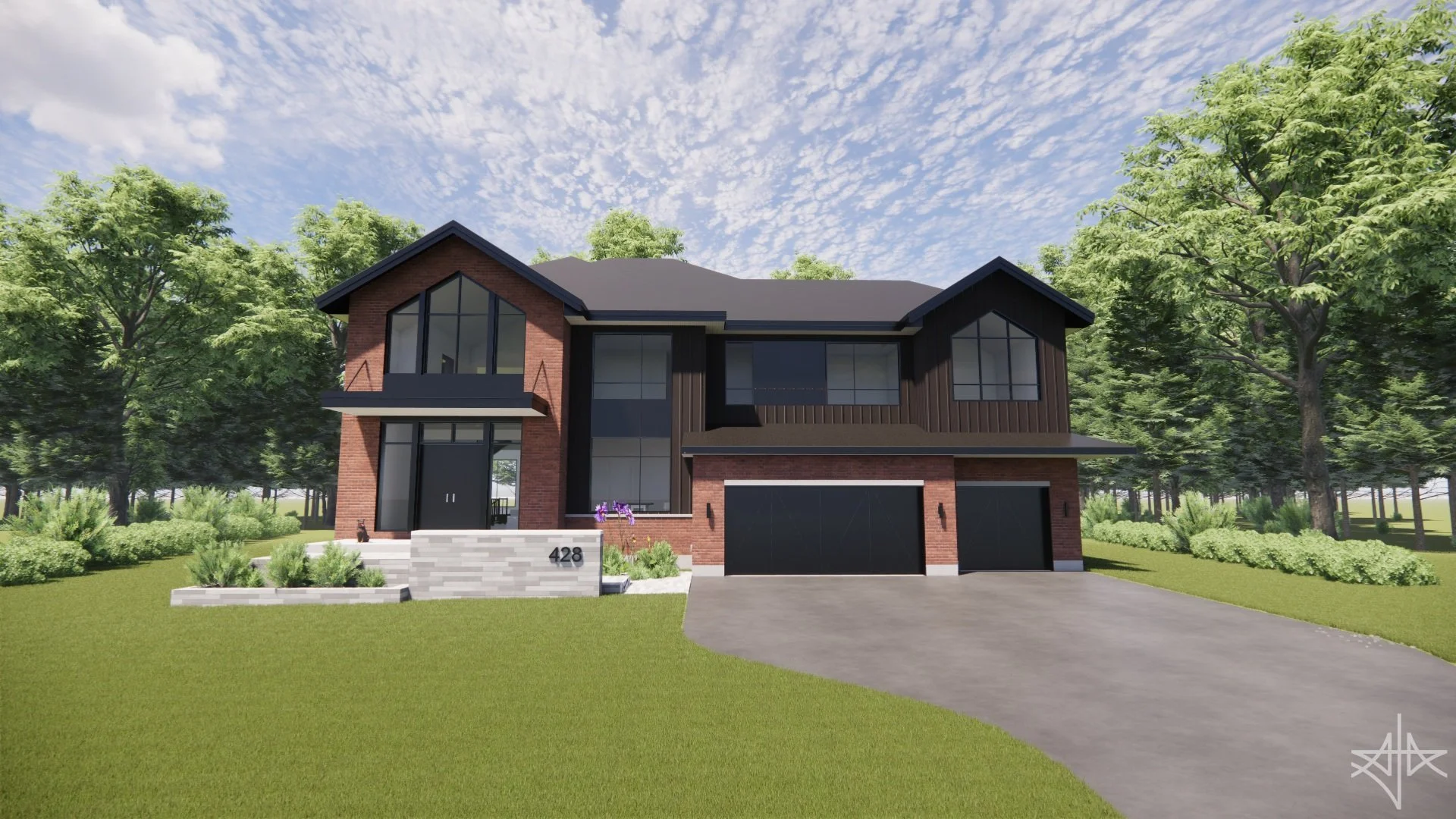 Realistic Render of 2 storey residence with attached garage.

#residence #garage #featurestair #porch #roofcanopy #loft #doubleheightfoyer #stone #perspective #render #revit #architecture #aja #adamjodoinarchitectural #design