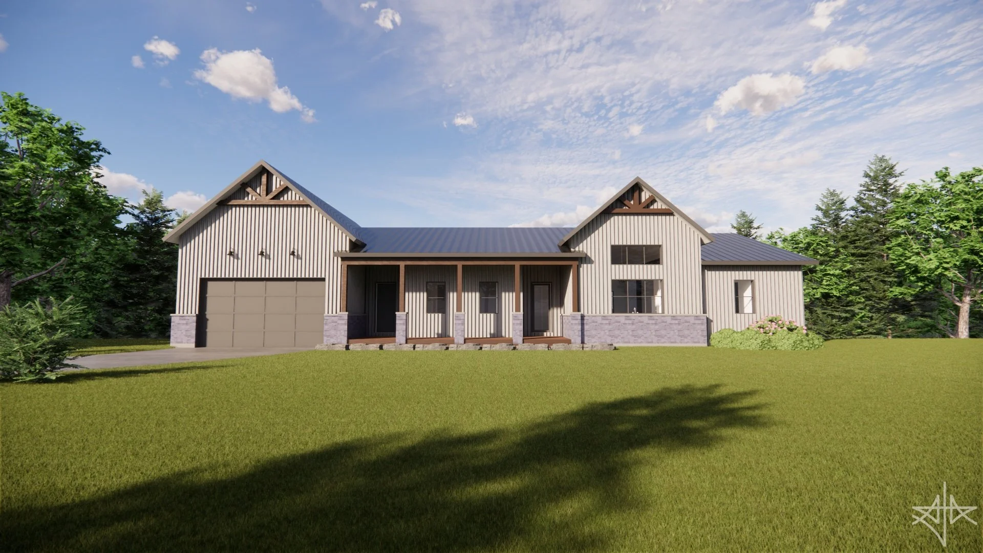 Realistic Render of 1 storey residence with attached garage and walkout basement.

#residence #garage #walkoutbasement #waterfront #balcony #timber #porch #stone #perspective #traditional #farmhouse #render #enscape #revit #architecture #aja #adamjod