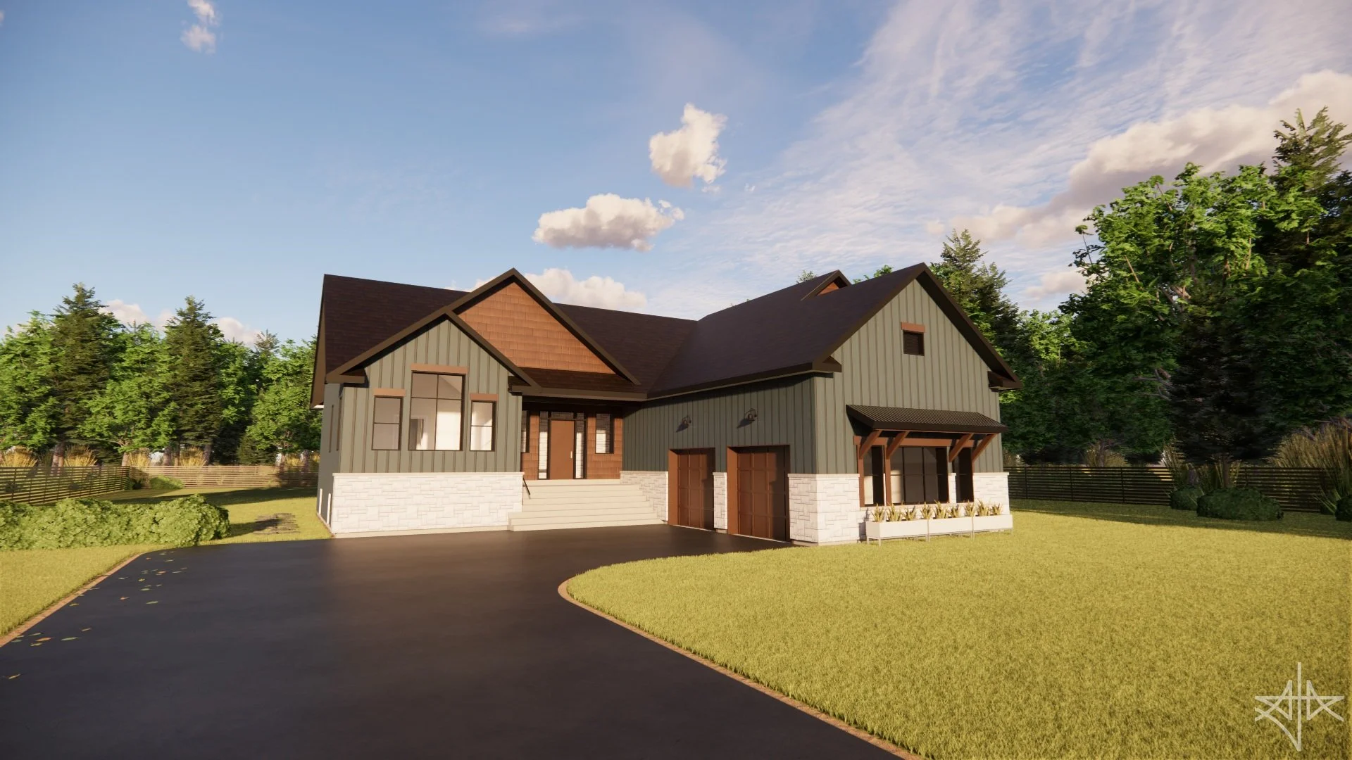 Realistic render of 1 storey residence with attached garage.

#residence #garage #porch #stone #perspective #craftsman #traditional #timber #revit #enscape #render #architecture #aja #adamjodoinarchitectural #design
