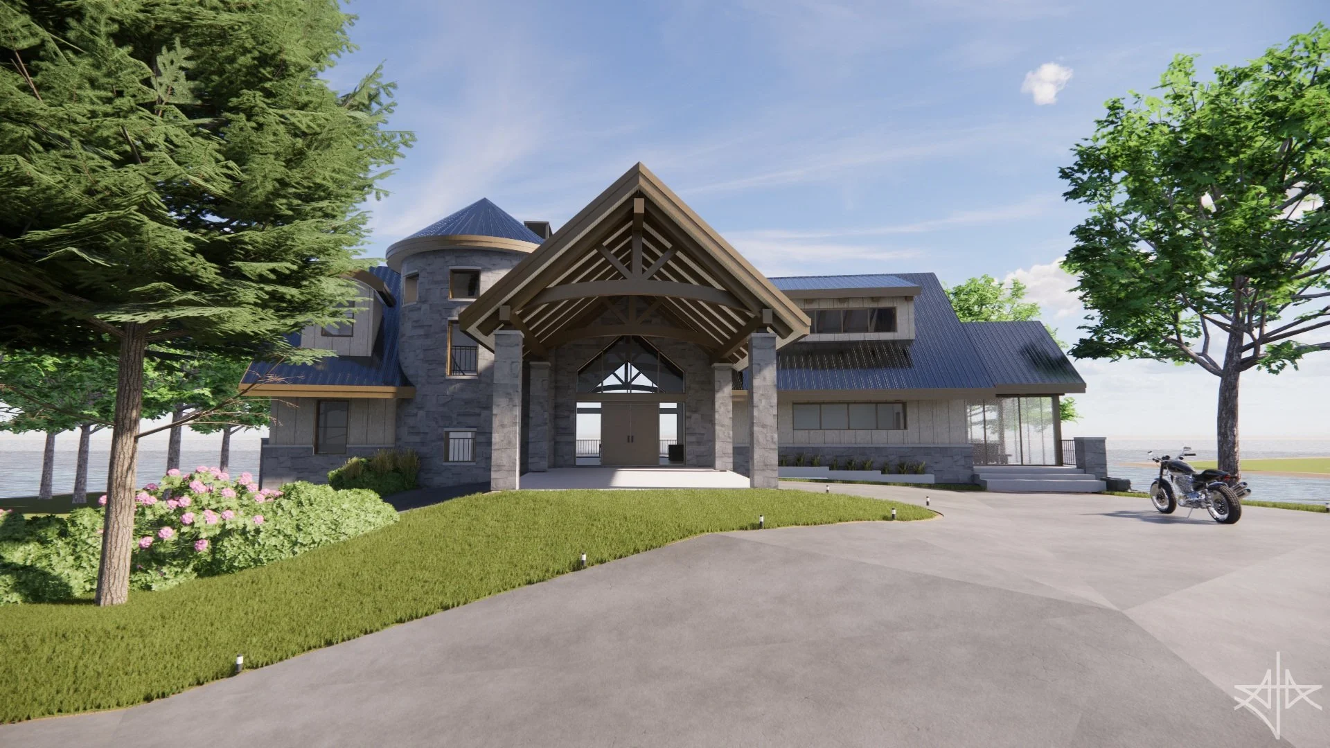 Realistic render of 2 Storey Residence with attached garage and walkout basement.

#residence #garage #timberentry #traditional #coveredporch #walkoutbasement #featurestair #infinitypool #timber #stone #perspective #revit #architecture #aja #adamjodo
